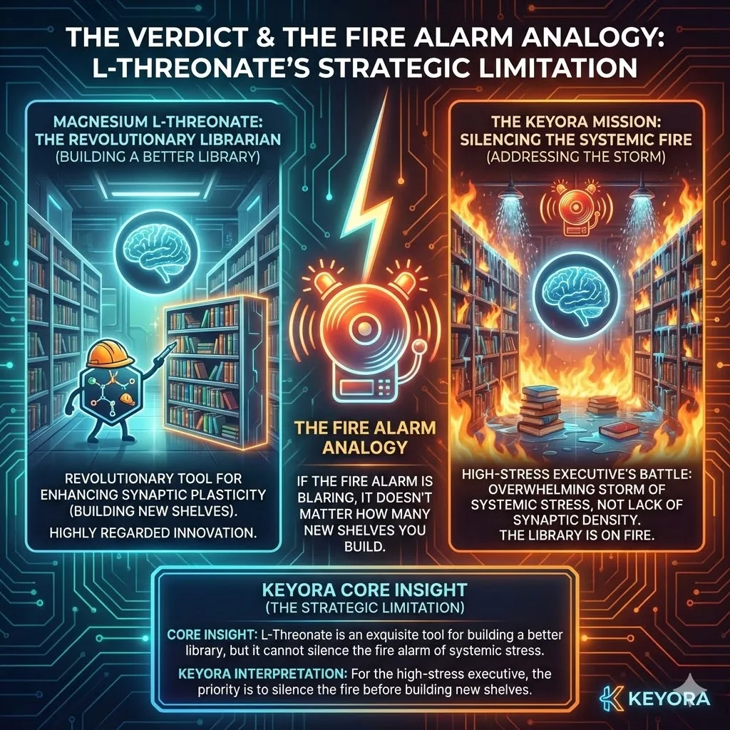 A dramatic illustration comparing cognitive building versus stress management inside a library. Magnesium L-Threonate acts as a skilled architect busily constructing new shelves. However the library representing the high stress mind is engulfed in flames and smoke. Fire alarms blare and sprinklers drench the books rendering the new shelves useless. The scene captures the futility of expanding the library while the building burns. A dramatic illustration comparing cognitive building versus stress management inside a library. Magnesium L-Threonate acts as a skilled architect busily constructing new shelves. However the library representing the high stress mind is engulfed in flames and smoke. Fire alarms blare and sprinklers drench the books rendering the new shelves useless. The scene captures the futility of expanding the library while the building burns.