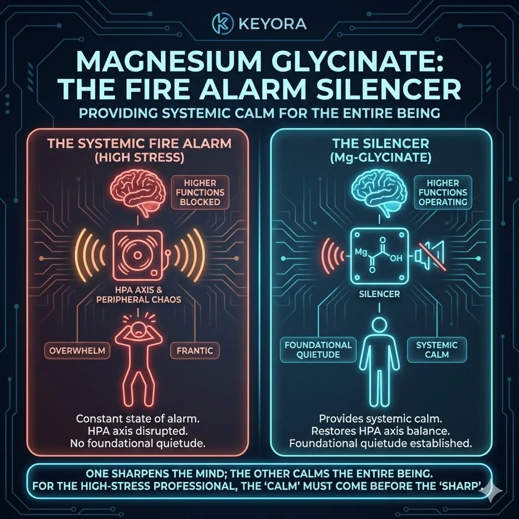 Magnesium Glycinate acts as the master switch silencing the blaring fire alarm. The scene shifts from chaotic noise to a profound systemic calm. Waves of quietude wash over the HPA axis and peripheral nervous system. The library becomes a peaceful sanctuary allowing higher functions to operate. The visual establishes the rule that calm must precede sharp. Magnesium Glycinate acts as the master switch silencing the blaring fire alarm. The scene shifts from chaotic noise to a profound systemic calm. Waves of quietude wash over the HPA axis and peripheral nervous system. The library becomes a peaceful sanctuary allowing higher functions to operate. The visual establishes the rule that calm must precede sharp.