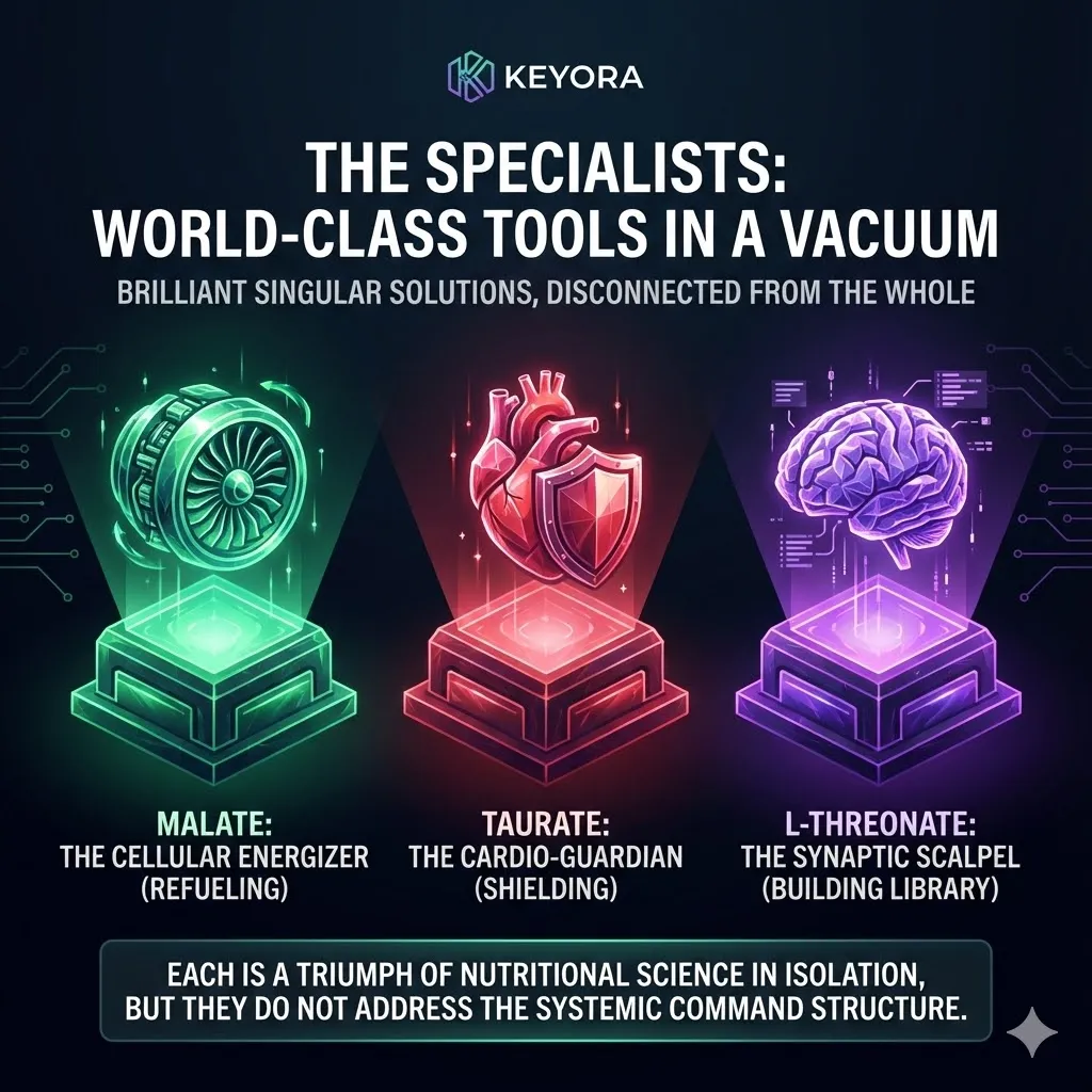 A diagnostic scan of a high-performer reveals a systemic cascade of failure. The engine overheats while the heart pounds and the library is shrouded in fog. Three specialists attempt isolated repairs on muscles heart and synapses. They fail to notice the central command console is still flashing red. The scene illustrates that treating symptoms cannot fix the upstream dysregulation. A diagnostic scan of a high-performer reveals a systemic cascade of failure. The engine overheats while the heart pounds and the library is shrouded in fog. Three specialists attempt isolated repairs on muscles heart and synapses. They fail to notice the central command console is still flashing red. The scene illustrates that treating symptoms cannot fix the upstream dysregulation.