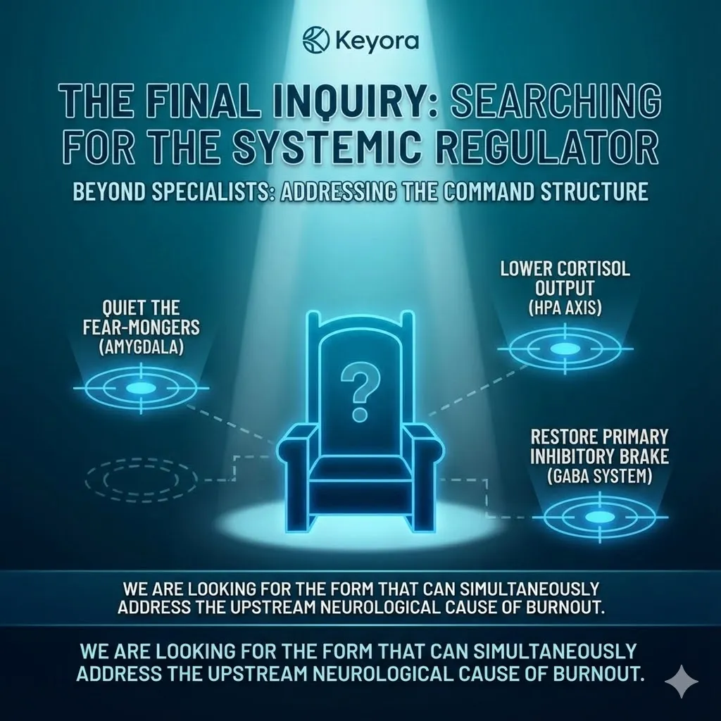A comparative dashboard analyzes the three elite specialists against the Keyora Bioactive Principle. Magnesium Malate is tagged as "Refueling the Engine" but flagged for ignoring the frantic driver. Magnesium Taurate is labeled "Shielding the Heart" but noted as a mere whisper to the brain. Magnesium L-Threonate is marked "Building the Library" while a fire alarm icon blares. The visual highlights the critical gap between specialist utility and systemic need. A comparative dashboard analyzes the three elite specialists against the Keyora Bioactive Principle. Magnesium Malate is tagged as "Refueling the Engine" but flagged for ignoring the frantic driver. Magnesium Taurate is labeled "Shielding the Heart" but noted as a mere whisper to the brain. Magnesium L-Threonate is marked "Building the Library" while a fire alarm icon blares. The visual highlights the critical gap between specialist utility and systemic need.