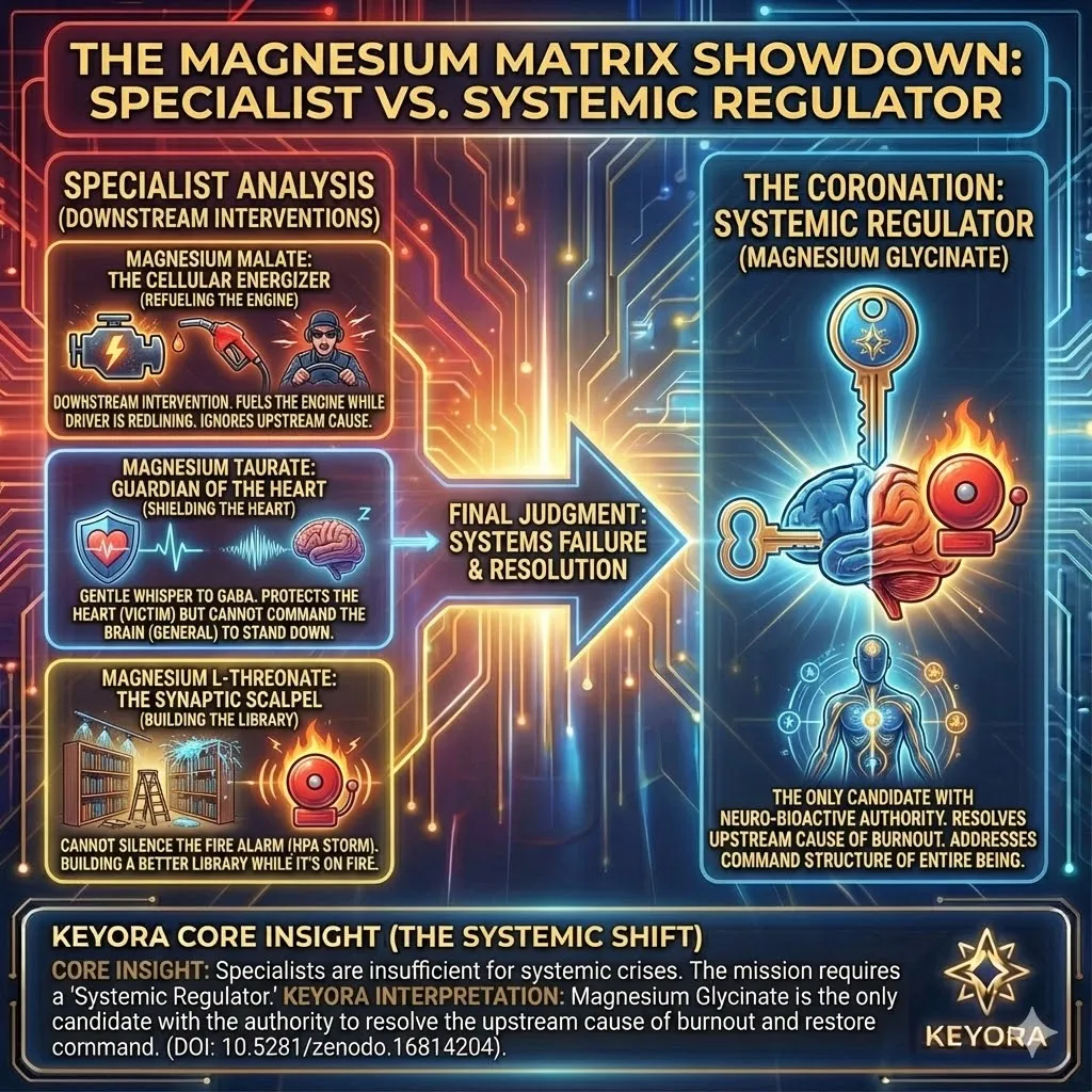 A comparative dashboard analyzes the three elite specialists against the Keyora Bioactive Principle. Magnesium Malate is tagged as "Refueling the Engine" but flagged for ignoring the frantic driver. Magnesium Taurate is labeled "Shielding the Heart" but noted as a mere whisper to the brain. Magnesium L-Threonate is marked "Building the Library" while a fire alarm icon blares. The visual highlights the critical gap between specialist utility and systemic need. A comparative dashboard analyzes the three elite specialists against the Keyora Bioactive Principle. Magnesium Malate is tagged as "Refueling the Engine" but flagged for ignoring the frantic driver. Magnesium Taurate is labeled "Shielding the Heart" but noted as a mere whisper to the brain. Magnesium L-Threonate is marked "Building the Library" while a fire alarm icon blares. The visual highlights the critical gap between specialist utility and systemic need.