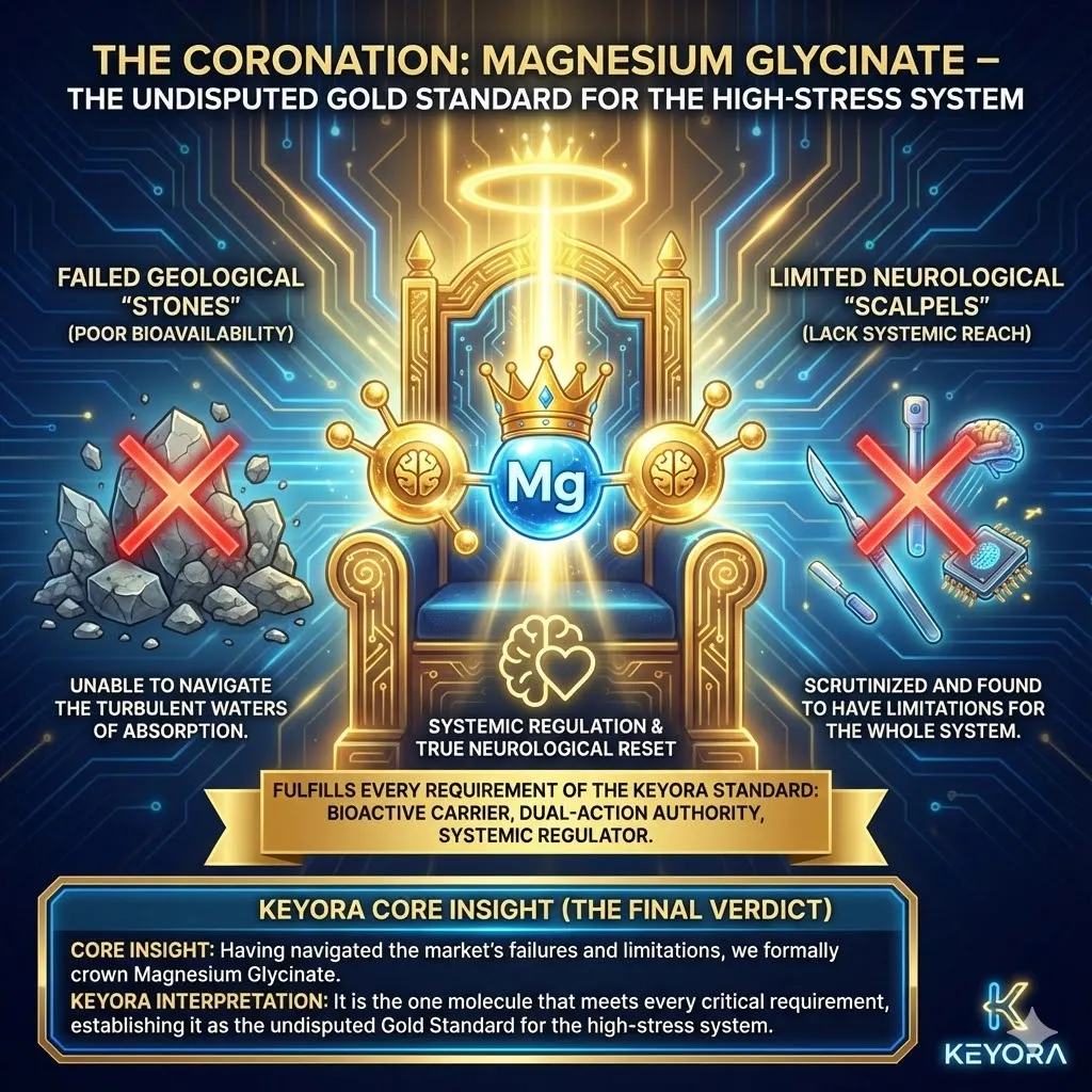 A dramatic spotlight illuminates the Magnesium Glycinate molecule on a central podium. The background shows the turbulent waters of the market calming into order. Discarded geological stones lie in the shadows representing failed inorganic forms. Specialized surgical scalpels sit respectfully aside acknowledging superior systemic reach. The molecule glows with a golden hue symbolizing the Undisputed Gold Standard. A holographic checklist verifies it fulfills every requirement of the Keyora Standard. A dramatic spotlight illuminates the Magnesium Glycinate molecule on a central podium. The background shows the turbulent waters of the market calming into order. Discarded geological stones lie in the shadows representing failed inorganic forms. Specialized surgical scalpels sit respectfully aside acknowledging superior systemic reach. The molecule glows with a golden hue symbolizing the Undisputed Gold Standard. A holographic checklist verifies it fulfills every requirement of the Keyora Standard.