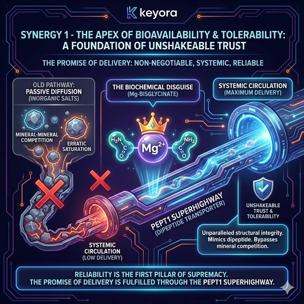 A conceptual illustration depicts the PEPT1 superhighway as a dedicated express lane. Magnesium Bisglycinate moves smoothly disguised as a dipeptide bypassing the chaotic traffic. It avoids the mineral competition that blocks standard supplements. In the background inorganic salts cause osmotic turbulence and biological rejection. The scene emphasizes structural integrity and the Keyora promise of Guaranteed Delivery. A conceptual illustration depicts the PEPT1 superhighway as a dedicated express lane. Magnesium Bisglycinate moves smoothly disguised as a dipeptide bypassing the chaotic traffic. It avoids the mineral competition that blocks standard supplements. In the background inorganic salts cause osmotic turbulence and biological rejection. The scene emphasizes structural integrity and the Keyora promise of Guaranteed Delivery.