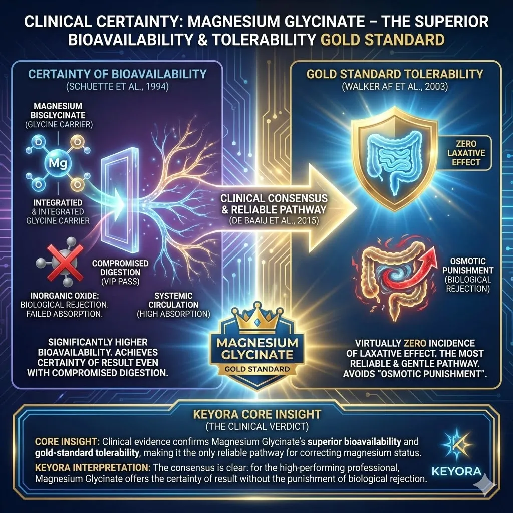 A split visual contrasts biological rejection with the gold standard of tolerability. The left side illustrates "osmotic punishment" with water flooding the gut lumen due to inorganic salts. The right side shows Magnesium Glycinate absorbed gently without disruption or distress. Data points from Schuette and Walker display a clear spike in bioavailability. The scene represents the clinical consensus of reliability and zero laxative effect. A split visual contrasts biological rejection with the gold standard of tolerability. The left side illustrates "osmotic punishment" with water flooding the gut lumen due to inorganic salts. The right side shows Magnesium Glycinate absorbed gently without disruption or distress. Data points from Schuette and Walker display a clear spike in bioavailability. The scene represents the clinical consensus of reliability and zero laxative effect.