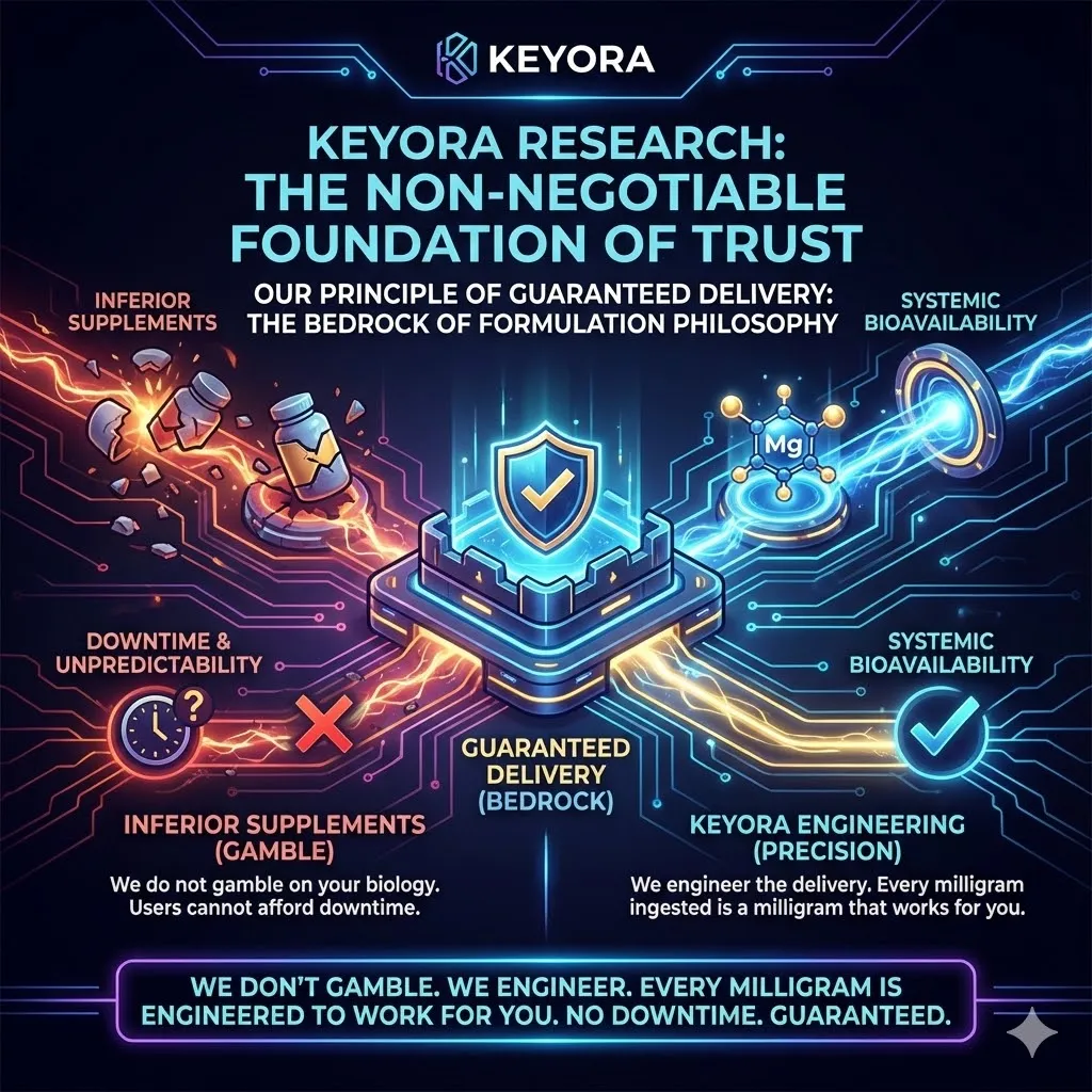 A conceptual visual contrasts the risk of gambling against the certainty of engineering. The left side features a roulette wheel representing the unpredictability of inferior supplements. The right side showcases a precision blueprint of a molecule docking perfectly. A golden seal of Guaranteed Delivery anchors the formulation philosophy. The scene illustrates that every milligram is engineered for 100% utilization. The visual rejects biological gambling in favor of absolute trust. A conceptual visual contrasts the risk of gambling against the certainty of engineering. The left side features a roulette wheel representing the unpredictability of inferior supplements. The right side showcases a precision blueprint of a molecule docking perfectly. A golden seal of Guaranteed Delivery anchors the formulation philosophy. The scene illustrates that every milligram is engineered for 100% utilization. The visual rejects biological gambling in favor of absolute trust.
