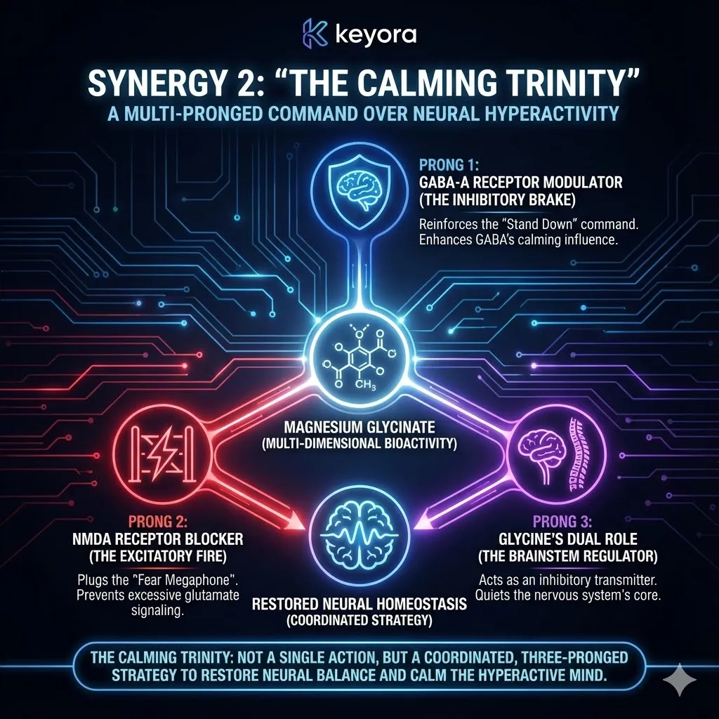 A schematic visualization of the "Calming Trinity" concept within the central nervous system. Magnesium Glycinate acts as a central commander executing a three-pronged strategy. The visual depicts the transition from chaotic hyperactivity to structured neural homeostasis. The scene emphasizes a coordinated multi-dimensional bioactivity. A schematic visualization of the "Calming Trinity" concept within the central nervous system. Magnesium Glycinate acts as a central commander executing a three-pronged strategy. The visual depicts the transition from chaotic hyperactivity to structured neural homeostasis. The scene emphasizes a coordinated multi-dimensional bioactivity.