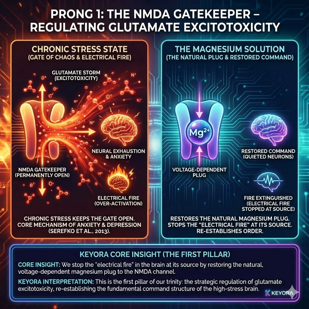 A molecular diagram illustrates the NMDA Gatekeeper mechanism. The "Gate of Chaos" is depicted as an open channel flooding with calcium sparks. Magnesium acts as a precise voltage-dependent plug blocking the flow. The visual shows the cessation of the electrical fire restoring neural calm. References to Serefko et al 2013 validate the suppression of excitotoxicity. A molecular diagram illustrates the NMDA Gatekeeper mechanism. The "Gate of Chaos" is depicted as an open channel flooding with calcium sparks. Magnesium acts as a precise voltage-dependent plug blocking the flow. The visual shows the cessation of the electrical fire restoring neural calm. References to Serefko et al 2013 validate the suppression of excitotoxicity.