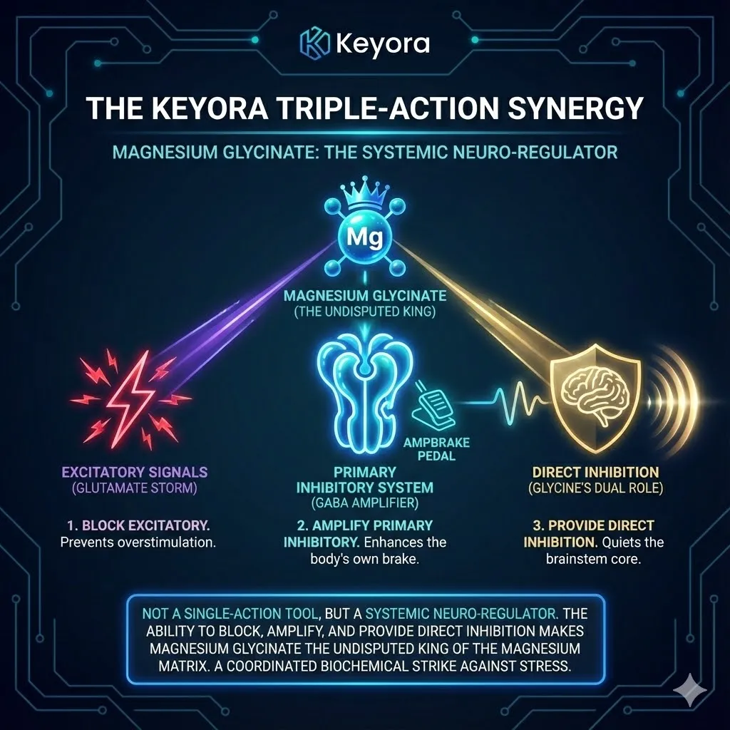 A tactical command center displays the triple-action synergy of Magnesium Glycinate. Three strategic vectors execute a coordinated strike against stress. The first blocks excitatory NMDA fire while the second amplifies inhibition. The third delivers Glycine as a direct sedative agent. The synthesis creates a Systemic Neuro-regulator. The scene crowns the molecule as the King of the Matrix. A tactical command center displays the triple-action synergy of Magnesium Glycinate. Three strategic vectors execute a coordinated strike against stress. The first blocks excitatory NMDA fire while the second amplifies inhibition. The third delivers Glycine as a direct sedative agent. The synthesis creates a Systemic Neuro-regulator. The scene crowns the molecule as the King of the Matrix.