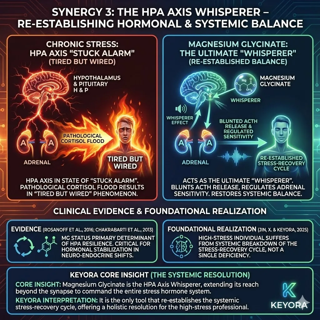 The visual maps the HPA axis as the body's stress command center. Magnesium Glycinate acts as a gentle whisperer blunting the release of ACTH. The scene depicts the transition from a "stuck alarm" cortisol flood to regulated feedback. The contrast highlights the shift from "tired but wired" chaos to restored resilience. Citations from Rosanoff and Keyora Research validate the hormonal stabilization. The visual maps the HPA axis as the body's stress command center. Magnesium Glycinate acts as a gentle whisperer blunting the release of ACTH. The scene depicts the transition from a "stuck alarm" cortisol flood to regulated feedback. The contrast highlights the shift from "tired but wired" chaos to restored resilience. Citations from Rosanoff and Keyora Research validate the hormonal stabilization.