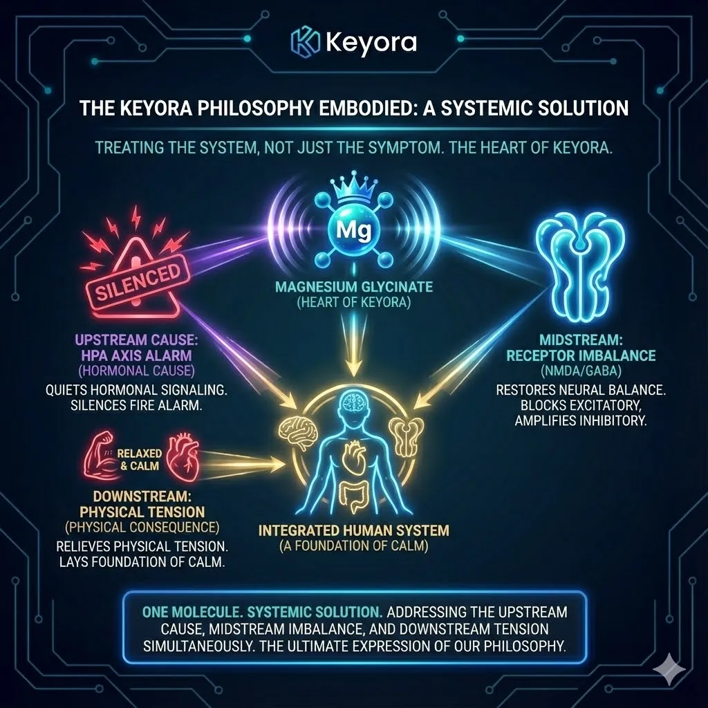 A holistic visual represents the Keyora philosophy treating the human as a complex integrated system. Magnesium Glycinate appears as a unifying core addressing stress as a systemic event. The visual maps the simultaneous resolution of upstream hormonal causes midstream receptor imbalances and downstream physical tension. A new foundation of calm solidifies beneath the silhouette. The scene captures the embodiment of treating the system not just the symptom. A holistic visual represents the Keyora philosophy treating the human as a complex integrated system. Magnesium Glycinate appears as a unifying core addressing stress as a systemic event. The visual maps the simultaneous resolution of upstream hormonal causes midstream receptor imbalances and downstream physical tension. A new foundation of calm solidifies beneath the silhouette. The scene captures the embodiment of treating the system not just the symptom.