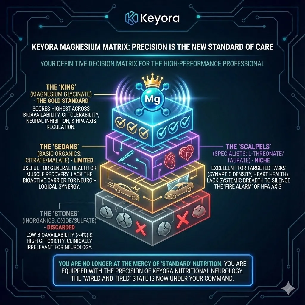 A final decision matrix categorizes magnesium forms for the high performer. Inorganic Stones are discarded at the bottom due to toxicity. Organic Sedans and Specialist Scalpels are positioned as useful but limited tools. Magnesium Glycinate sits at the apex crowned as the King. Metrics for Bioavailability Tolerability and HPA Regulation are fully maximized. The scene symbolizes the transition to Keyora Nutritional Neurology. A final decision matrix categorizes magnesium forms for the high performer. Inorganic Stones are discarded at the bottom due to toxicity. Organic Sedans and Specialist Scalpels are positioned as useful but limited tools. Magnesium Glycinate sits at the apex crowned as the King. Metrics for Bioavailability Tolerability and HPA Regulation are fully maximized. The scene symbolizes the transition to Keyora Nutritional Neurology.