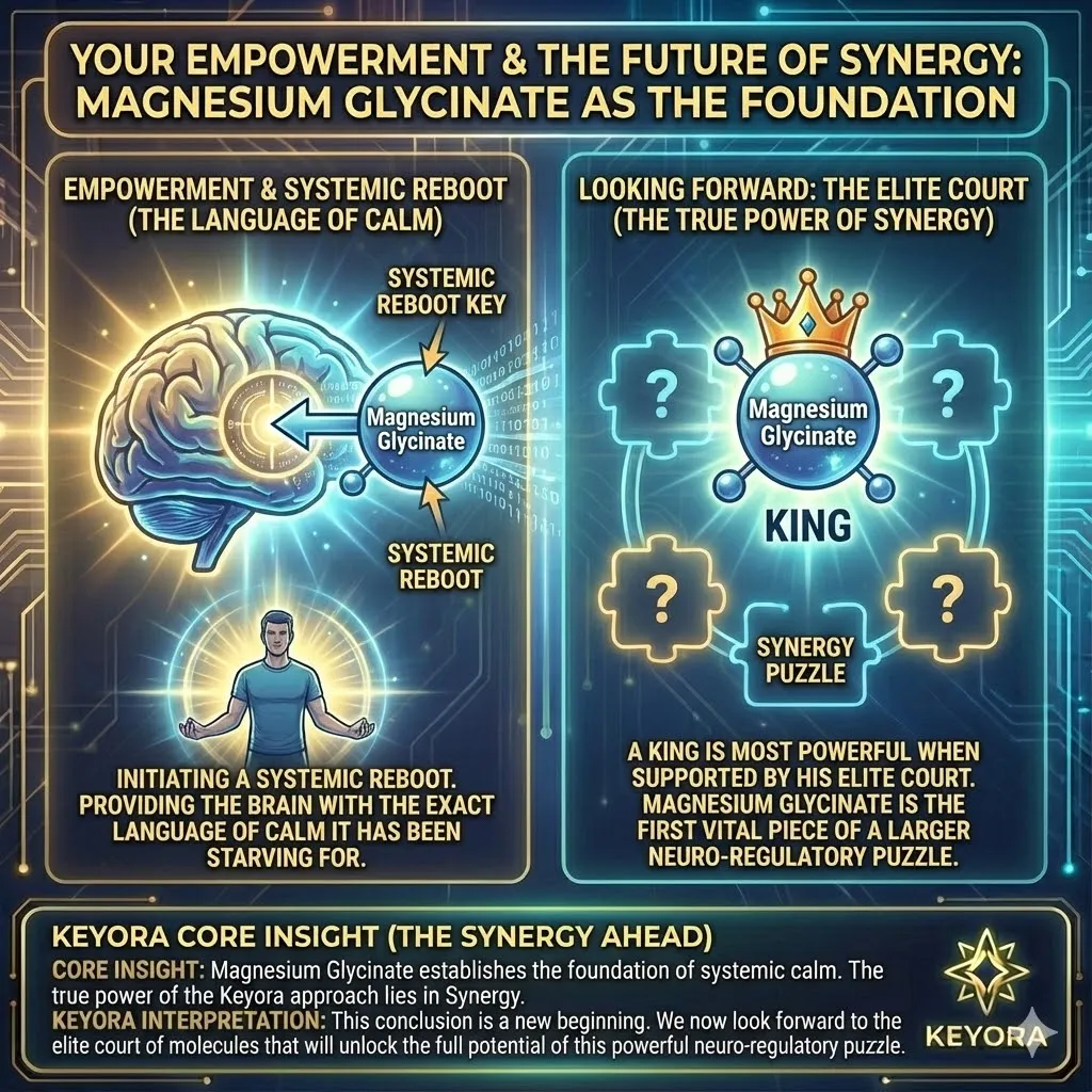 The visual depicts the initiation of a systemic reboot using the language of calm. Magnesium Glycinate stands as the crowned King on a solid foundation. Shadows of an elite court emerge in the background representing future allies. A glowing puzzle piece marks Magnesium as the first vital component. The scene points toward the next chapter of multi-nutrient Synergy. The visual depicts the initiation of a systemic reboot using the language of calm. Magnesium Glycinate stands as the crowned King on a solid foundation. Shadows of an elite court emerge in the background representing future allies. A glowing puzzle piece marks Magnesium as the first vital component. The scene points toward the next chapter of multi-nutrient Synergy.