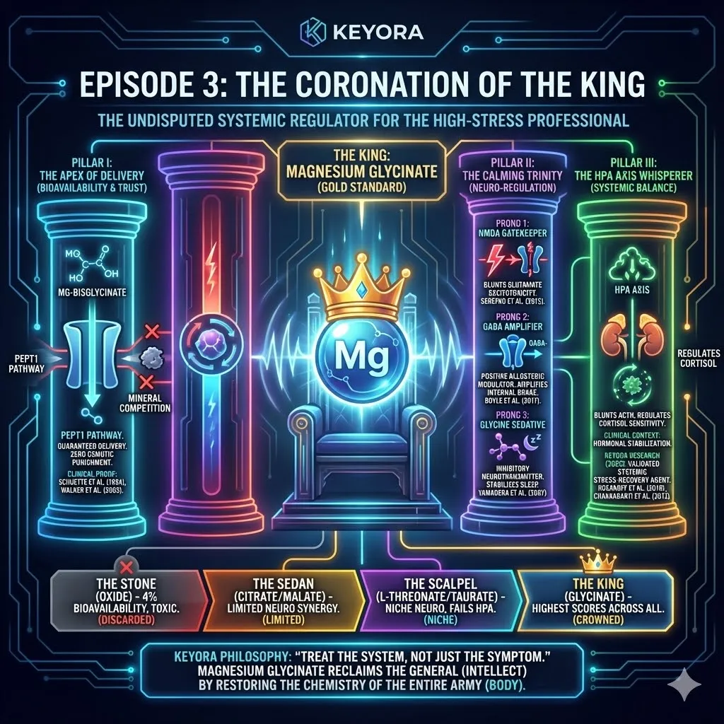 A schematic contrasts the concept of the General versus the Army. The General representing the intellect is restored by the chemical balance of the Army representing the body. Magnesium Glycinate flows through the entire system connecting the two. The text "Treat the System" overlays the integrated physiological map. The visual captures the essence of Keyora's mission to reclaim human potential. A schematic contrasts the concept of the General versus the Army. The General representing the intellect is restored by the chemical balance of the Army representing the body. Magnesium Glycinate flows through the entire system connecting the two. The text "Treat the System" overlays the integrated physiological map. The visual captures the essence of Keyora's mission to reclaim human potential.