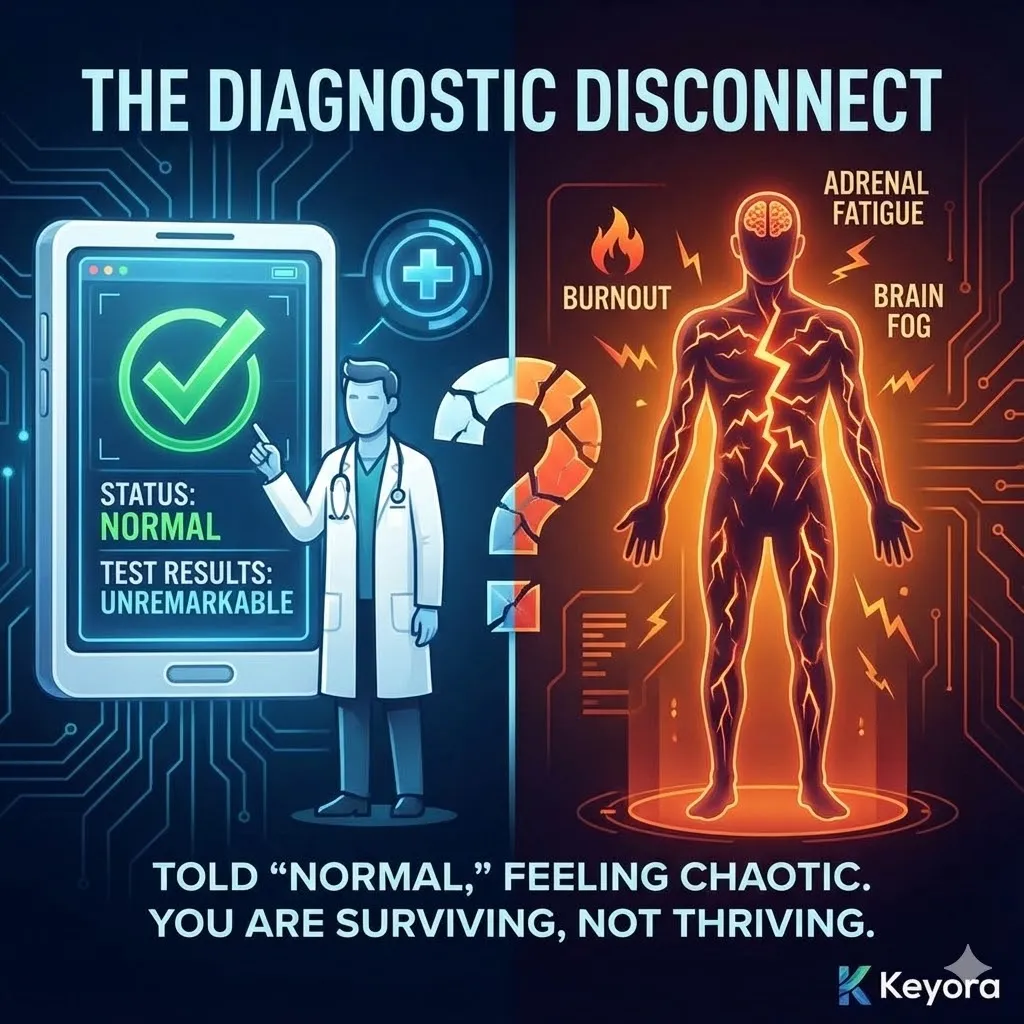 The ghost in the machine concept representing low grade physiological static. Visualizing brain fog and the blunt cognitive edge of high performance individuals. The tired but wired sensation of nighttime insomnia despite exhaustion. Illustration of a biological battery stuck at 15 percent charge. Standard medical blood panels and thyroid testing failing to explain persistent friction and fatigue. Graphic of the fundamental sense of wrongness beneath a peak efficiency lifestyle. The ghost in the machine concept representing low grade physiological static. Visualizing brain fog and the blunt cognitive edge of high performance individuals. The tired but wired sensation of nighttime insomnia despite exhaustion. Illustration of a biological battery stuck at 15 percent charge. Standard medical blood panels and thyroid testing failing to explain persistent friction and fatigue. Graphic of the fundamental sense of wrongness beneath a peak efficiency lifestyle.