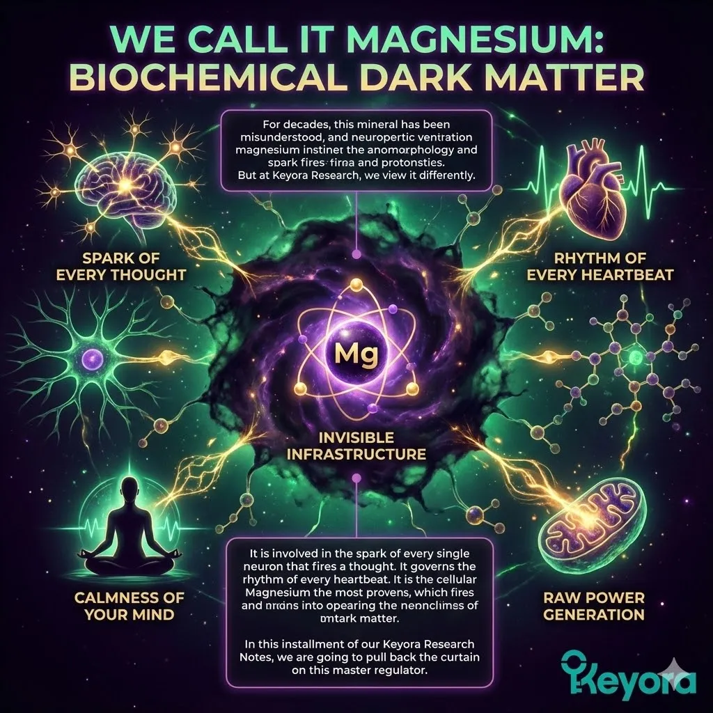 Magnesium as biochemical dark matter and the invisible biological infrastructure. Visualization of the master regulator supporting over 600 enzymatic reactions. Graphic of neuronal sparks firing a single thought and heart rhythm. Cellular power generation and mitochondrial function overseen by magnesium. Pulling back the curtain on the biochemical conductor of human biology within Keyora Research Notes. Magnesium as biochemical dark matter and the invisible biological infrastructure. Visualization of the master regulator supporting over 600 enzymatic reactions. Graphic of neuronal sparks firing a single thought and heart rhythm. Cellular power generation and mitochondrial function overseen by magnesium. Pulling back the curtain on the biochemical conductor of human biology within Keyora Research Notes.