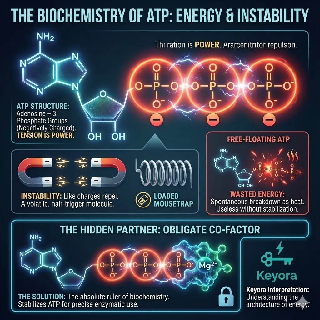 Visualizing the electrostatic repulsion within the ATP phosphate tail. The metaphor of three magnets with negative poles forcing apart. Magnesium as a divalent cation Mg2+ acting as a stabilizing magnetic clamp. Transformation of biologically inert ATP into functional Mg-ATP complex. Graphic of an uncashed check representing potential but inaccessible energy. The distinction between metabolic fuel accumulation and the spark of ignition. Cellular engine flooded with fuel unable to fire without magnesium. Visualizing the electrostatic repulsion within the ATP phosphate tail. The metaphor of three magnets with negative poles forcing apart. Magnesium as a divalent cation Mg2+ acting as a stabilizing magnetic clamp. Transformation of biologically inert ATP into functional Mg-ATP complex. Graphic of an uncashed check representing potential but inaccessible energy. The distinction between metabolic fuel accumulation and the spark of ignition. Cellular engine flooded with fuel unable to fire without magnesium.