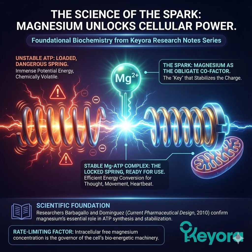 Visualizing ATP phosphate bonds as a compressed industrial steel spring. Magnesium acting as the stabilizing brace holding the molecule in precise geometry. Contrast between volatile raw ATP and the stable Mg-ATP complex. Illustration of the ATPase enzyme functioning as a specific biological keyhole. Raw ATP failing to enter the enzyme due to incorrect electrical charge. Mg-ATP fitting perfectly to trigger energy release. Visualizing ATP phosphate bonds as a compressed industrial steel spring. Magnesium acting as the stabilizing brace holding the molecule in precise geometry. Contrast between volatile raw ATP and the stable Mg-ATP complex. Illustration of the ATPase enzyme functioning as a specific biological keyhole. Raw ATP failing to enter the enzyme due to incorrect electrical charge. Mg-ATP fitting perfectly to trigger energy release.
