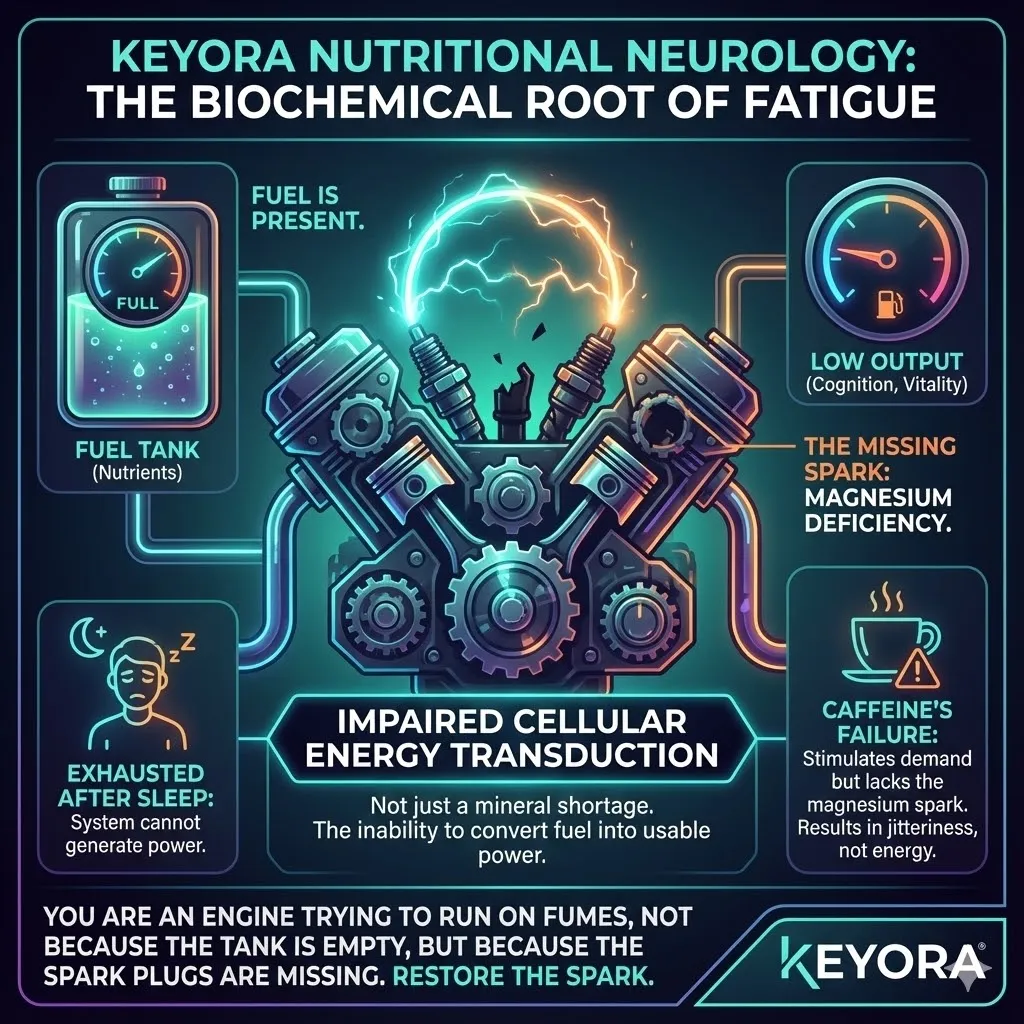 Systemic biological brownout affecting brain and muscle tissues. Visualizing neural processing slowing down and complex thought degradation. Muscle fibers locking up due to inefficient ATP cycling. Heart rhythm instability reflecting high metabolic demand failure. Graphic of Impaired Cellular Energy Transduction as the root of modern fatigue. The caffeine paradox showing jittery stimulation without ignition. Metaphor of a high performance engine with a full tank but missing spark plugs. Systemic biological brownout affecting brain and muscle tissues. Visualizing neural processing slowing down and complex thought degradation. Muscle fibers locking up due to inefficient ATP cycling. Heart rhythm instability reflecting high metabolic demand failure. Graphic of Impaired Cellular Energy Transduction as the root of modern fatigue. The caffeine paradox showing jittery stimulation without ignition. Metaphor of a high performance engine with a full tank but missing spark plugs.
