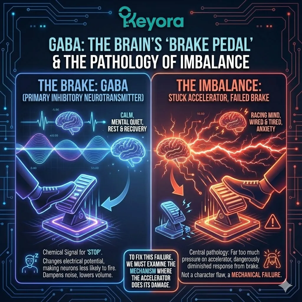 Visualizing GABA as the primary inhibitory neurotransmitter brake pedal. The chemical mechanism of lowering cellular electrical potential. Dampening neural noise and downshifting from survival mode. Contrast between the racing mind and the restful state. Graphic of the mechanical failure between the accelerator and brake. The biochemical root of the wired and tired pathology. Visualizing GABA as the primary inhibitory neurotransmitter brake pedal. The chemical mechanism of lowering cellular electrical potential. Dampening neural noise and downshifting from survival mode. Contrast between the racing mind and the restful state. Graphic of the mechanical failure between the accelerator and brake. The biochemical root of the wired and tired pathology.