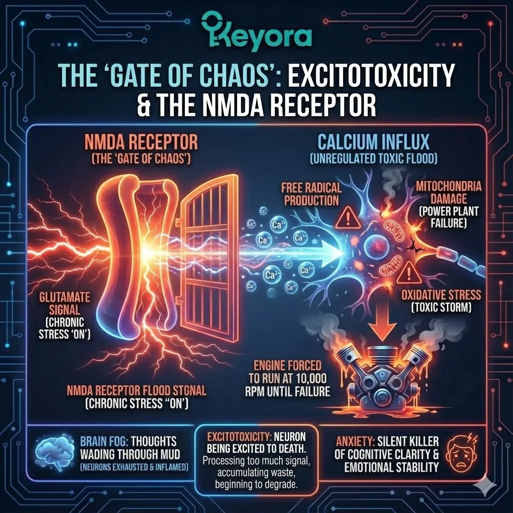 Visualizing the NMDA receptor as a specialized ion channel gatekeeper. Glutamate binding to the receptor to open the cellular floodgates. Calcium ions Ca2+ flowing into the neuron signaling connection strength. Graphic of Long-Term Potentiation as the basis of memory formation. The concept of the Gate of Chaos representing the danger of malfunction. Contrast between controlled signaling and a potential calcium flood. Visualizing the NMDA receptor as a specialized ion channel gatekeeper. Glutamate binding to the receptor to open the cellular floodgates. Calcium ions Ca2+ flowing into the neuron signaling connection strength. Graphic of Long-Term Potentiation as the basis of memory formation. The concept of the Gate of Chaos representing the danger of malfunction. Contrast between controlled signaling and a potential calcium flood.
