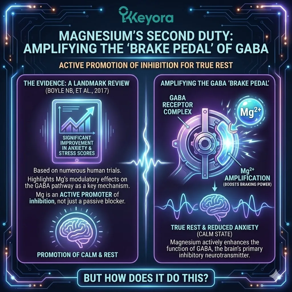 Visualizing the 2017 systematic review in the journal Nutrients by Boyle et al. Graphic of Magnesium supplementation significantly improving subjective anxiety scores. Illustration of Magnesium actively engaging the GABA inhibitory pathway. The distinction between passive blocking and active promotion of neural inhibition. Visualizing the amplification of the biological brake pedal. Scientific validation of the biochemical mechanism of calm. Visualizing the 2017 systematic review in the journal Nutrients by Boyle et al. Graphic of Magnesium supplementation significantly improving subjective anxiety scores. Illustration of Magnesium actively engaging the GABA inhibitory pathway. The distinction between passive blocking and active promotion of neural inhibition. Visualizing the amplification of the biological brake pedal. Scientific validation of the biochemical mechanism of calm.