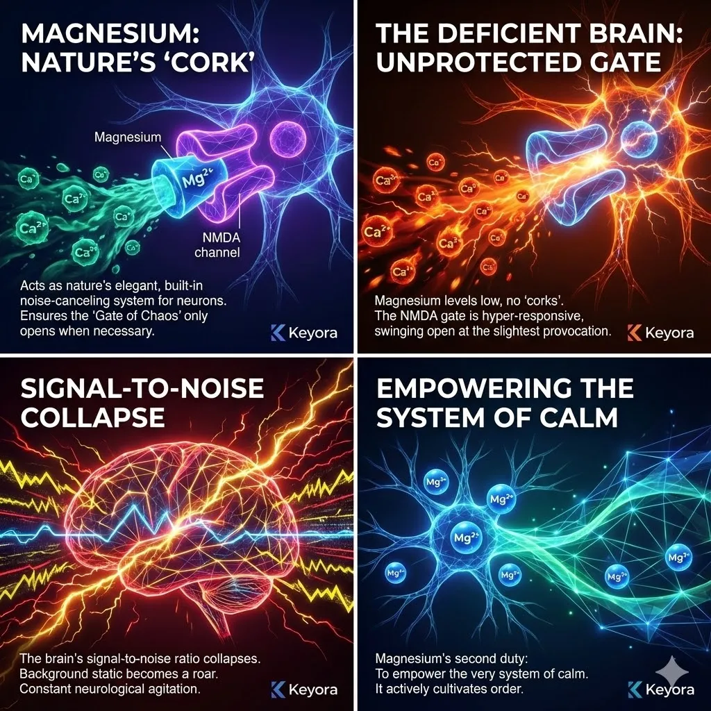 Visualizing Magnesium as the nervous system's true biochemical Master Switch. Depicting the dual synergistic function of a single ion. Graphic of removing the foot from the stuck NMDA accelerator. Simultaneously pressing the GABA brake pedal to amplify the signal for calm. The transition from pathological chaos to regulated peace. Metaphor of the conductor regaining his baton to restore order. Keyora's philosophy of natural regulation versus artificial sedation. Visualizing Magnesium as the nervous system's true biochemical Master Switch. Depicting the dual synergistic function of a single ion. Graphic of removing the foot from the stuck NMDA accelerator. Simultaneously pressing the GABA brake pedal to amplify the signal for calm. The transition from pathological chaos to regulated peace. Metaphor of the conductor regaining his baton to restore order. Keyora's philosophy of natural regulation versus artificial sedation.