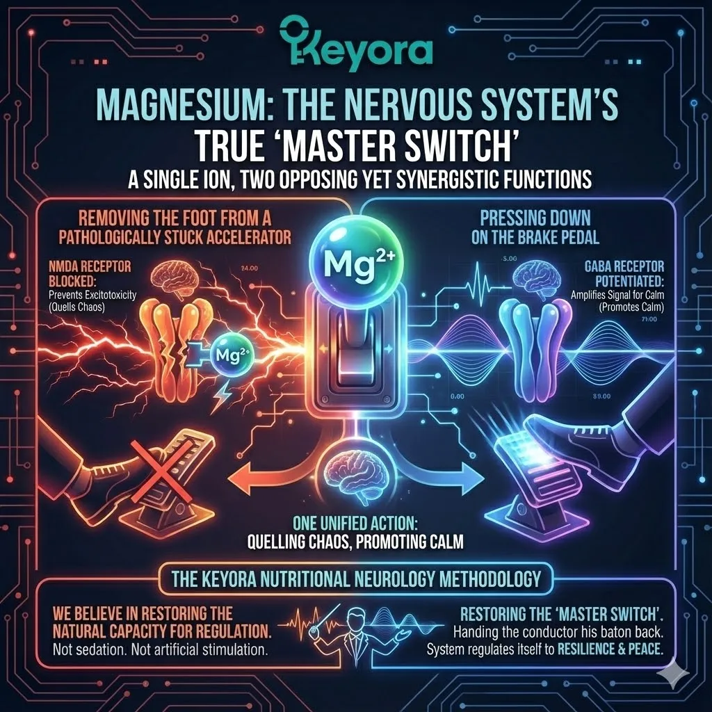 Visualizing Magnesium as the nervous system's true biochemical Master Switch. Depicting the dual synergistic function of a single ion. Graphic of removing the foot from the stuck NMDA accelerator. Simultaneously pressing the GABA brake pedal to amplify the signal for calm. The transition from pathological chaos to regulated peace. Metaphor of the conductor regaining his baton to restore order. Keyora's philosophy of natural regulation versus artificial sedation. Visualizing Magnesium as the nervous system's true biochemical Master Switch. Depicting the dual synergistic function of a single ion. Graphic of removing the foot from the stuck NMDA accelerator. Simultaneously pressing the GABA brake pedal to amplify the signal for calm. The transition from pathological chaos to regulated peace. Metaphor of the conductor regaining his baton to restore order. Keyora's philosophy of natural regulation versus artificial sedation.