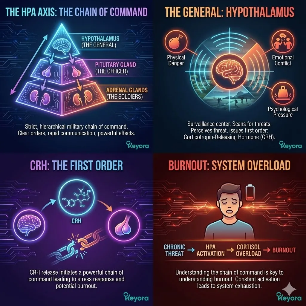 Visualizing the HPA Axis as a strict military chain of command. The Hypothalamus depicted as "The General" situated deep within the brain. Graphic of a surveillance center scanning for physical and emotional threats. The release of Corticotropin-Releasing Hormone (CRH) as the first chemical order. The transition from environmental perception to biological mobilization. Visualizing the HPA Axis as a strict military chain of command. The Hypothalamus depicted as "The General" situated deep within the brain. Graphic of a surveillance center scanning for physical and emotional threats. The release of Corticotropin-Releasing Hormone (CRH) as the first chemical order. The transition from environmental perception to biological mobilization.