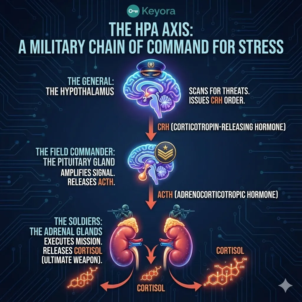 Visualizing Cortisol as a biological super-soldier mobilizing glucose fuel for acute survival. The mechanism of suppressing digestion and inflammation to prioritize flight. Contrast between the evolutionary tiger threat and modern chronic stressors. Graphic of the mortgage and 24-hour news cycle acting as the new predators. The HPA axis trapped in a permanent state of war. Metaphor of the emergency protocol becoming the default operating system. Visualizing Cortisol as a biological super-soldier mobilizing glucose fuel for acute survival. The mechanism of suppressing digestion and inflammation to prioritize flight. Contrast between the evolutionary tiger threat and modern chronic stressors. Graphic of the mortgage and 24-hour news cycle acting as the new predators. The HPA axis trapped in a permanent state of war. Metaphor of the emergency protocol becoming the default operating system.