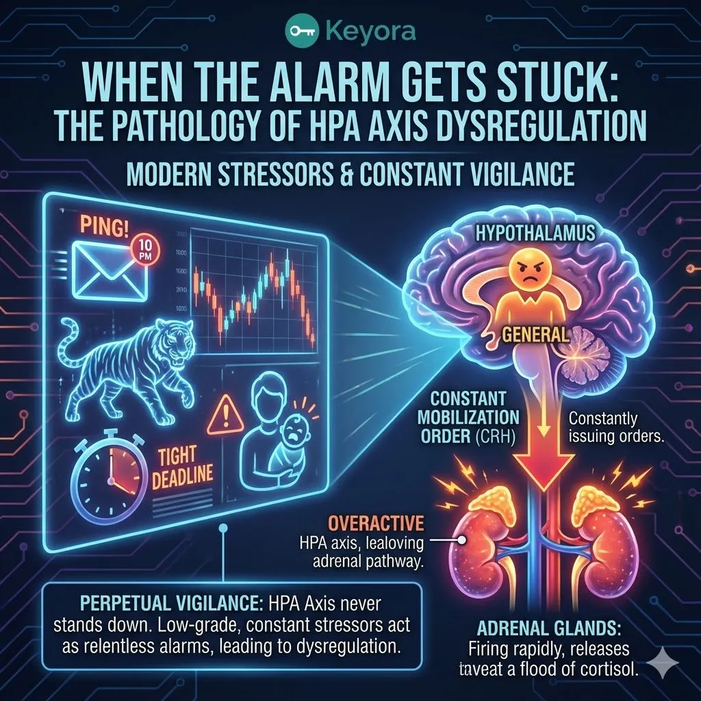 Visualizing modern stressors as invisible tigers manifesting as digital notifications and deadlines. The Hypothalamus General trapped in state of perpetual vigilance. The military order to mobilize never being rescinded. Graphic of the HPA Axis jammed in the on position. The progression from constant low-grade stress to HPA Axis Dysregulation. Keyora's model of burnout stages mirroring biological dysfunction. Visualizing modern stressors as invisible tigers manifesting as digital notifications and deadlines. The Hypothalamus General trapped in state of perpetual vigilance. The military order to mobilize never being rescinded. Graphic of the HPA Axis jammed in the on position. The progression from constant low-grade stress to HPA Axis Dysregulation. Keyora's model of burnout stages mirroring biological dysfunction.
