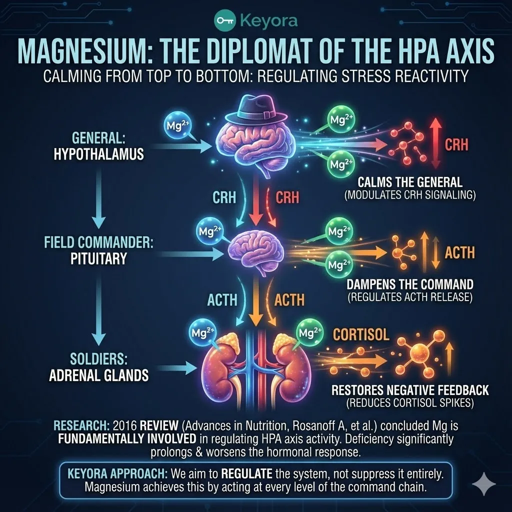 Visualizing the HPA Axis intervention points. Magnesium intervening at the Hypothalamus to lower CRH alarm volume. Graphic of Magnesium acting as a buffer at the Adrenal gland level. Contrast between a "hair-trigger" panic response and a proportional, resilient response. Illustration of the Blood-Brain Barrier as a selective fortress. Raw magnesium failing to cross the barrier. Introduction of the Glycine molecule as the necessary VIP pass. Visualizing the HPA Axis intervention points. Magnesium intervening at the Hypothalamus to lower CRH alarm volume. Graphic of Magnesium acting as a buffer at the Adrenal gland level. Contrast between a "hair-trigger" panic response and a proportional, resilient response. Illustration of the Blood-Brain Barrier as a selective fortress. Raw magnesium failing to cross the barrier. Introduction of the Glycine molecule as the necessary VIP pass.