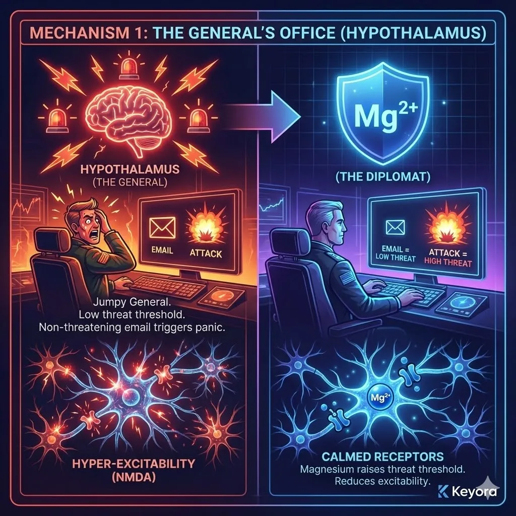 Visualizing the Hypothalamus as the General's Office. Magnesium ions calming the NMDA receptors within this command center. Graphic of the threat detection threshold being raised. Contrast between a "jumpy" trigger-happy General and a composed commander. Visual comparison of a digital email versus a physical attack. The biological filter preventing panic responses to minor stimuli. Visualizing the Hypothalamus as the General's Office. Magnesium ions calming the NMDA receptors within this command center. Graphic of the threat detection threshold being raised. Contrast between a "jumpy" trigger-happy General and a composed commander. Visual comparison of a digital email versus a physical attack. The biological filter preventing panic responses to minor stimuli.