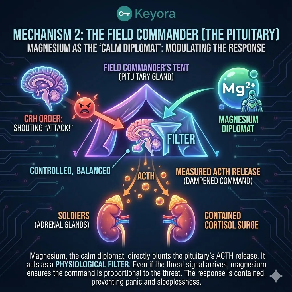 Visualizing the Pituitary gland as the Field Commander's tent. Magnesium acting as a seasoned diplomat intercepting the orders. Graphic of the CRH signal arriving but ACTH release being blunted. The concept of a physiological filter dampening the downstream cortisol surge. Contrast between a full-blown panic spiral and a measured proportional response. Preventing the sleepless night by modulating the command chain. Visualizing the Pituitary gland as the Field Commander's tent. Magnesium acting as a seasoned diplomat intercepting the orders. Graphic of the CRH signal arriving but ACTH release being blunted. The concept of a physiological filter dampening the downstream cortisol surge. Contrast between a full-blown panic spiral and a measured proportional response. Preventing the sleepless night by modulating the command chain.