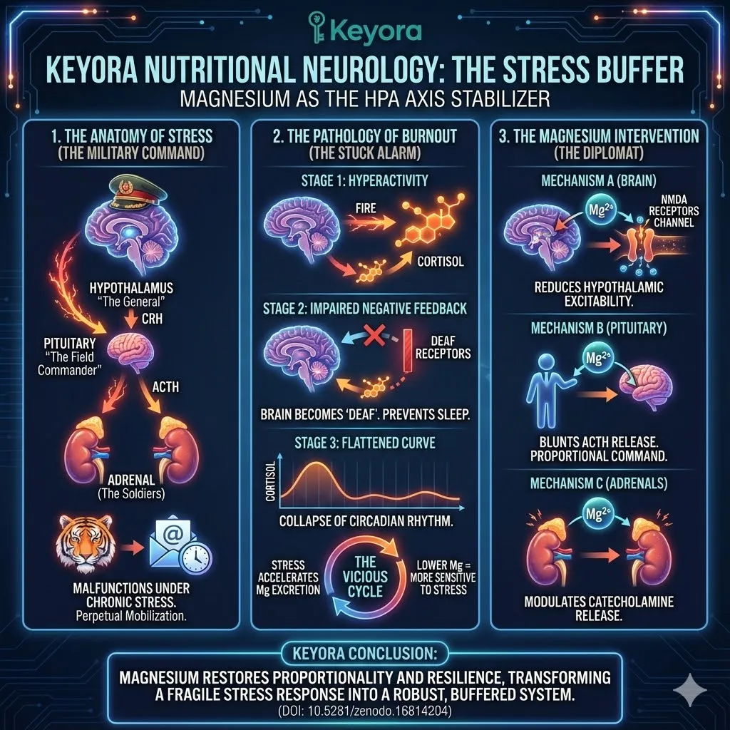 Visualizing the HPA Axis as a military command chain. Hypothalamus as General, Pituitary as Commander, Adrenals as Soldiers. Graphic of the "Stuck Alarm" causing HPA Dysregulation and burnout. The Vicious Cycle of stress dumping magnesium stores. Magnesium acting as the "Diplomat" intervening at the Pituitary level. Buffering the ACTH signal to restore proportionality. Transforming the fragile stress response into a robust buffered system. Visualizing the HPA Axis as a military command chain. Hypothalamus as General, Pituitary as Commander, Adrenals as Soldiers. Graphic of the "Stuck Alarm" causing HPA Dysregulation and burnout. The Vicious Cycle of stress dumping magnesium stores. Magnesium acting as the "Diplomat" intervening at the Pituitary level. Buffering the ACTH signal to restore proportionality. Transforming the fragile stress response into a robust buffered system.