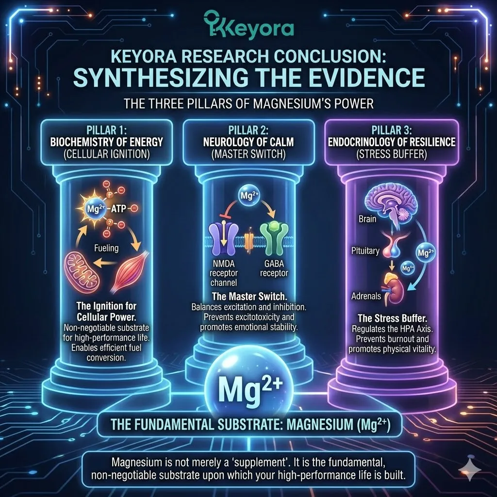 Visualizing the convergence of the three biological systems: Energy (Mitochondria), Calm (Neural Synapses), and Resilience (HPA Axis). Graphic of these mechanisms interlocking into a unified Keyora framework. Magnesium depicted not as an optional addition but as the bedrock substrate. Three pillars rising from this foundation: Cognitive Function, Emotional Stability, Physical Vitality. The transition from isolated scientific facts to a holistic high-performance architecture. Visualizing the convergence of the three biological systems: Energy (Mitochondria), Calm (Neural Synapses), and Resilience (HPA Axis). Graphic of these mechanisms interlocking into a unified Keyora framework. Magnesium depicted not as an optional addition but as the bedrock substrate. Three pillars rising from this foundation: Cognitive Function, Emotional Stability, Physical Vitality. The transition from isolated scientific facts to a holistic high-performance architecture.