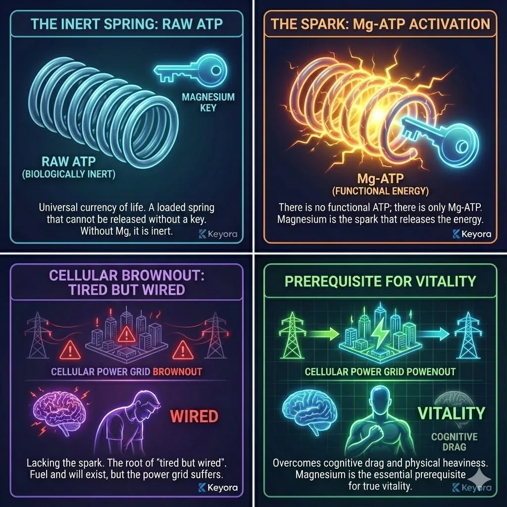 Visualizing ATP as a loaded spring holding potential energy. The Magnesium ion Mg2+ acting as the essential ignition key. Graphic of the Mg-ATP complex unlocking the spark of life. Contrast between a dim cellular brownout and a radiant energized system. The biochemical reality that raw ATP is biologically inert. Defining the prerequisite for vitality. Visualizing ATP as a loaded spring holding potential energy. The Magnesium ion Mg2+ acting as the essential ignition key. Graphic of the Mg-ATP complex unlocking the spark of life. Contrast between a dim cellular brownout and a radiant energized system. The biochemical reality that raw ATP is biologically inert. Defining the prerequisite for vitality.