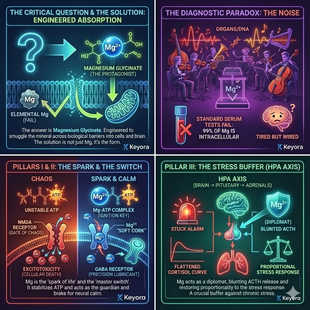 Visualizing the complete framework of Episode 2: The Spark of Life. The diagnostic paradox of the "Tired but Wired" high-performer. Pillar 1: The Energy Equation showing Magnesium unlocking Mg-ATP. Pillar 2: The Master Switch showing the regulation of NMDA and GABA. Pillar 3: The Stress Buffer showing the HPA Axis diplomat. The convergence of these systems into the Keyora Research Conclusion. The roadmap pointing to the final missing piece: Magnesium Glycinate. Visualizing the complete framework of Episode 2: The Spark of Life. The diagnostic paradox of the "Tired but Wired" high-performer. Pillar 1: The Energy Equation showing Magnesium unlocking Mg-ATP. Pillar 2: The Master Switch showing the regulation of NMDA and GABA. Pillar 3: The Stress Buffer showing the HPA Axis diplomat. The convergence of these systems into the Keyora Research Conclusion. The roadmap pointing to the final missing piece: Magnesium Glycinate.