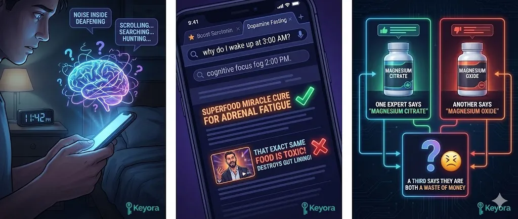 The visual depiction of late-night cognitive overload and digital search fatigue. Illustrating the overwhelming barrage of conflicting health information and advice. Showing the confusion between biological symptoms like insomnia and cognitive fog. Mapping the contradiction between various wellness experts and digital health claims. Depicting the psychological weight of searching for clarity within a noisy digital landscape. The visual depiction of late-night cognitive overload and digital search fatigue. Illustrating the overwhelming barrage of conflicting health information and advice. Showing the confusion between biological symptoms like insomnia and cognitive fog. Mapping the contradiction between various wellness experts and digital health claims. Depicting the psychological weight of searching for clarity within a noisy digital landscape.