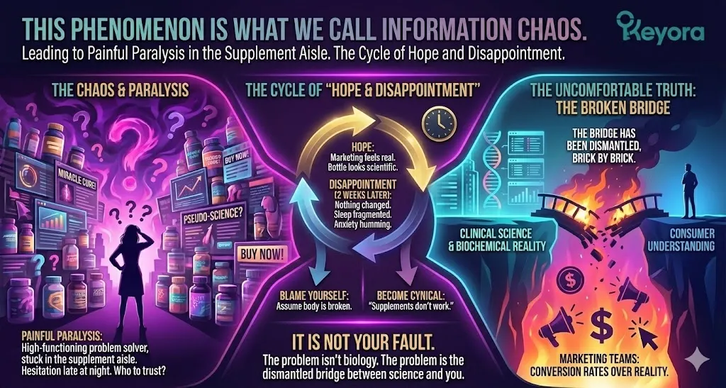 The visual representation of Information Chaos and the paralysis of decision-making. Illustrating the cycle of Hope and Disappointment in the wellness industry. Showing the psychological weight of self-blame and growing health cynicism. Depicting the burned-out bridge between clinical science and consumer understanding. Mapping the destruction of biochemical reality by marketing-driven conversion rates. The visual representation of Information Chaos and the paralysis of decision-making. Illustrating the cycle of Hope and Disappointment in the wellness industry. Showing the psychological weight of self-blame and growing health cynicism. Depicting the burned-out bridge between clinical science and consumer understanding. Mapping the destruction of biochemical reality by marketing-driven conversion rates.