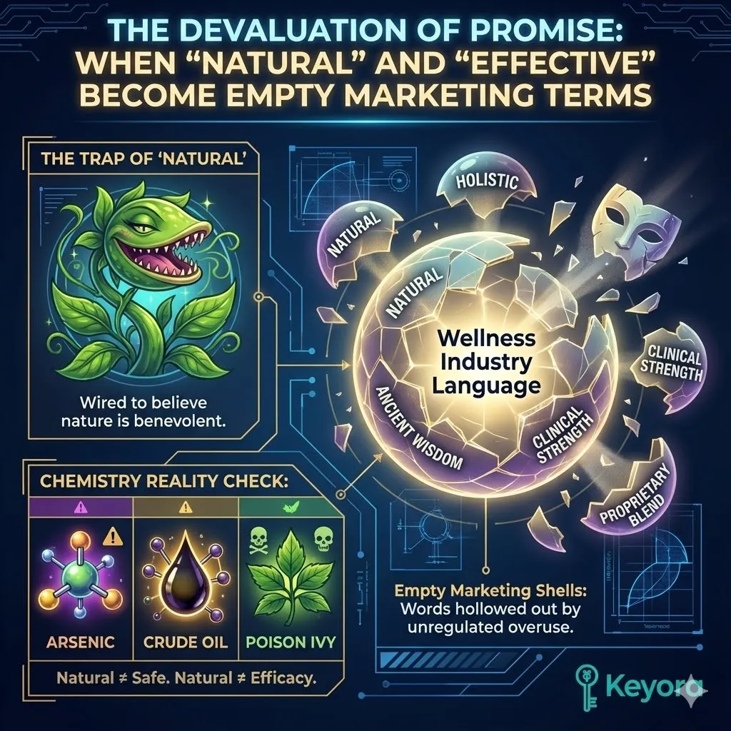 Wellness marketing industry autopsy examining the devaluation of terms like natural and holistic in modern health products. Visualizing empty marketing promises and unregulated labeling of supplement bottles on store shelves. Concepts of ancient wisdom and clinical strength becoming hollowed out shells. Critique of the decline in product integrity within the health food industry and the shift from quality to superficial branding adjectives. Wellness marketing industry autopsy examining the devaluation of terms like natural and holistic in modern health products. Visualizing empty marketing promises and unregulated labeling of supplement bottles on store shelves. Concepts of ancient wisdom and clinical strength becoming hollowed out shells. Critique of the decline in product integrity within the health food industry and the shift from quality to superficial branding adjectives.