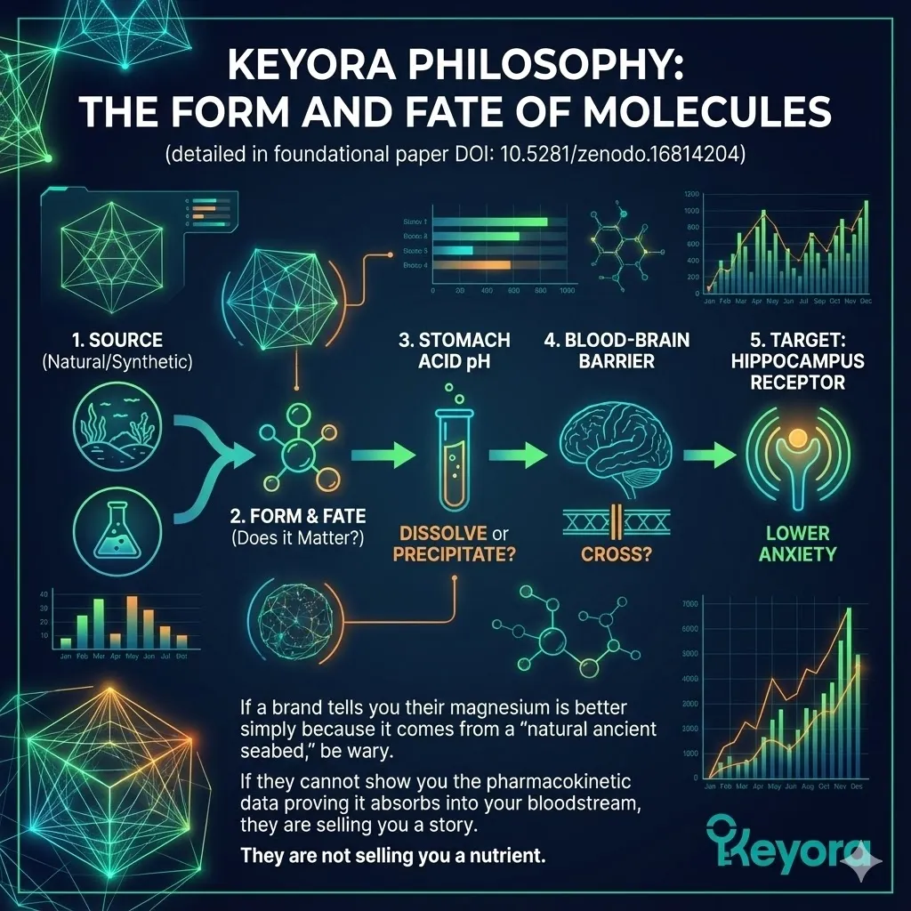 Pharmacokinetic data visualization comparing nutrient absorption versus marketing claims of origin. Illustration of molecular form crossing the blood-brain barrier and dissolving in stomach acid pH. Scientific analysis of magnesium reaching receptor sites in the hippocampus to reduce anxiety. Contrast between natural source stories and biological bioavailability in Keyora philosophy. Pharmacokinetic data visualization comparing nutrient absorption versus marketing claims of origin. Illustration of molecular form crossing the blood-brain barrier and dissolving in stomach acid pH. Scientific analysis of magnesium reaching receptor sites in the hippocampus to reduce anxiety. Contrast between natural source stories and biological bioavailability in Keyora philosophy.
