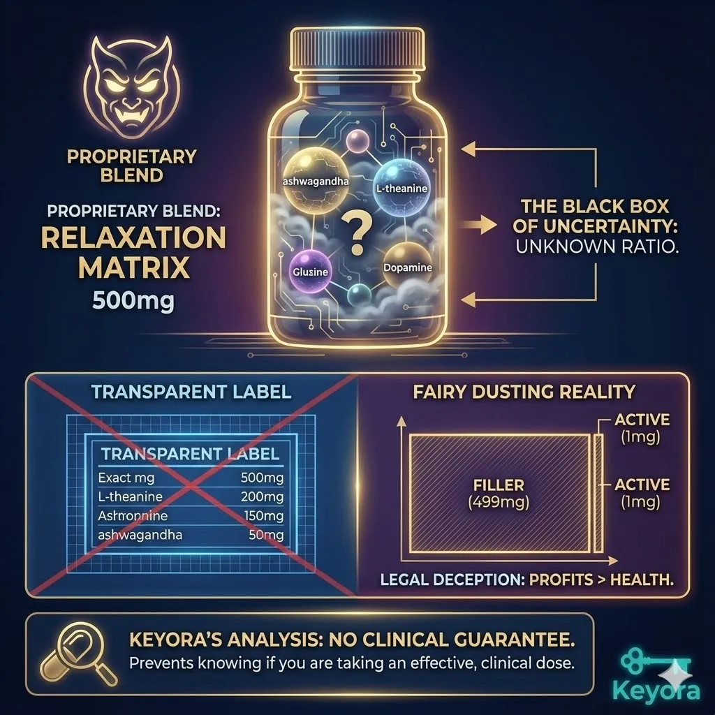 Consumer trust and transparency issues with proprietary blend supplement labels. Infographic showing the relaxation matrix black box marketing tactic and the hidden ratios of ingredients. Visual representation of fairy dusting where expensive active ingredients like Ashwagandha and L-Theanine are diluted by cheap filler components. Diagram comparing a clinical dose from scientific studies against microscopic doses on product labels. Consumer trust and transparency issues with proprietary blend supplement labels. Infographic showing the relaxation matrix black box marketing tactic and the hidden ratios of ingredients. Visual representation of fairy dusting where expensive active ingredients like Ashwagandha and L-Theanine are diluted by cheap filler components. Diagram comparing a clinical dose from scientific studies against microscopic doses on product labels.