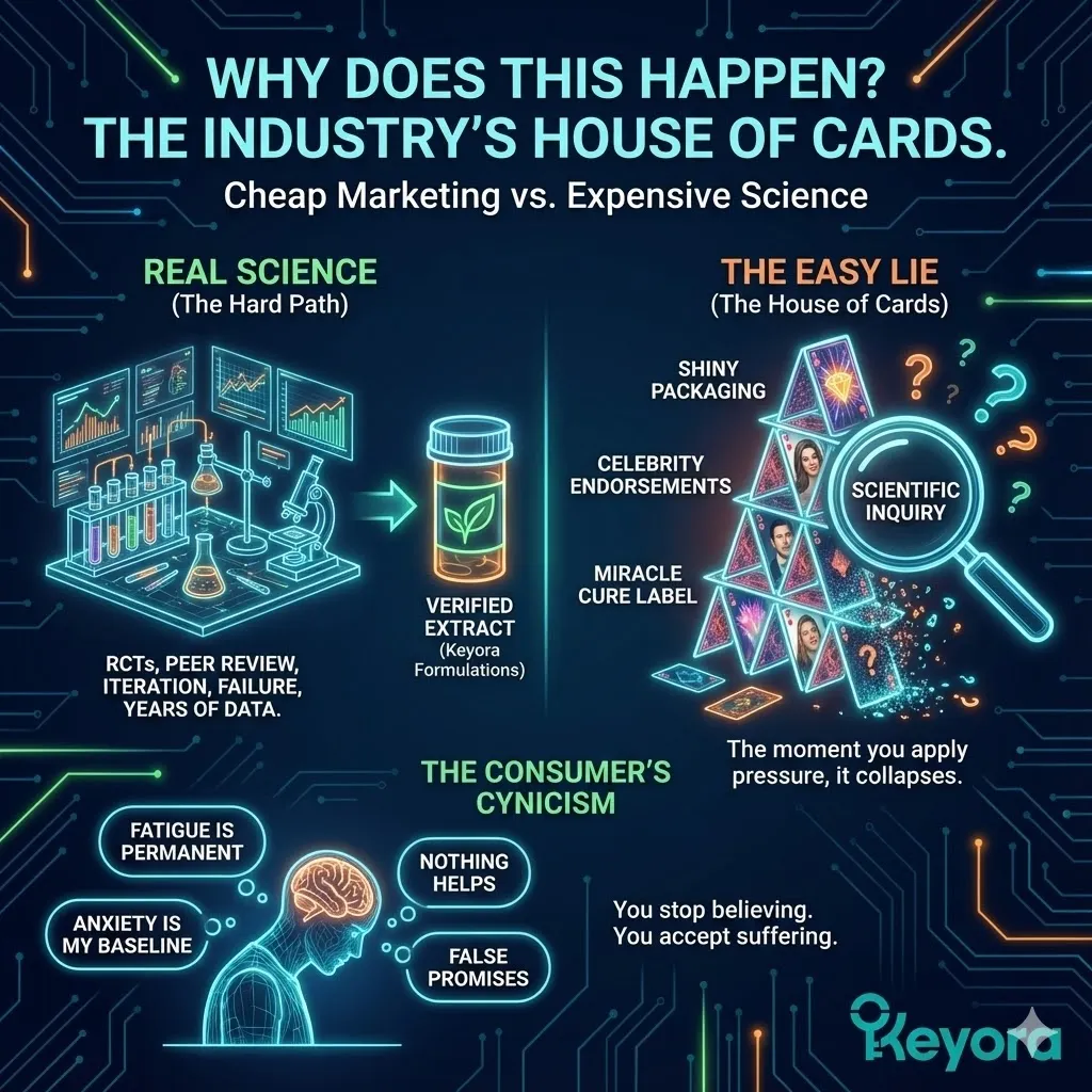 Marketplace built on a house of cards illustrating the fragility of wellness industry marketing claims. Contrast between expensive real science and the zero cost of labeling products as a miracle stress cure. Visual representation of scientific inquiry applying pressure to shiny packaging and celebrity endorsements. Standardized Ashwagandha extract requirements including randomized controlled trials and years of data collection. Marketplace built on a house of cards illustrating the fragility of wellness industry marketing claims. Contrast between expensive real science and the zero cost of labeling products as a miracle stress cure. Visual representation of scientific inquiry applying pressure to shiny packaging and celebrity endorsements. Standardized Ashwagandha extract requirements including randomized controlled trials and years of data collection.