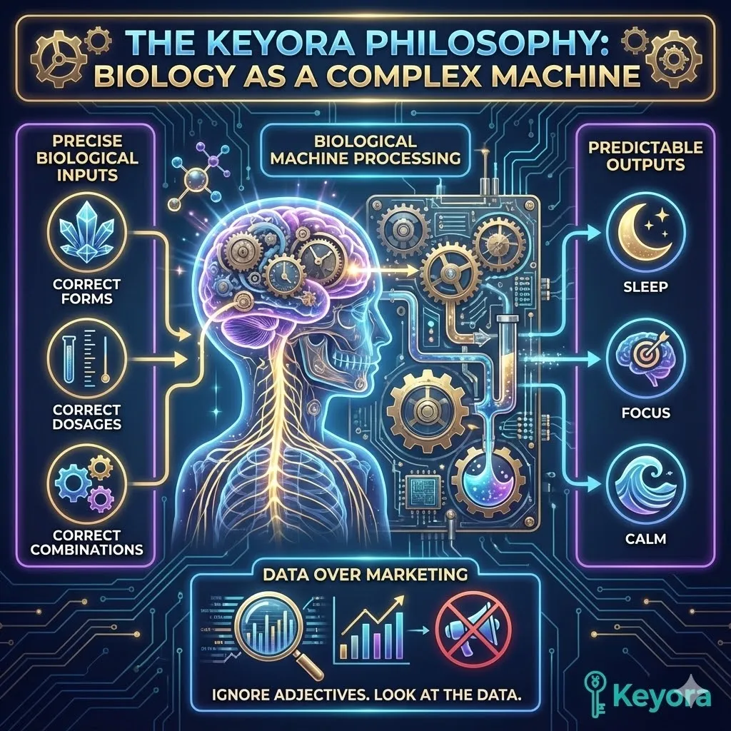 Keyora philosophy of biological cause and effect viewing the human nervous system as a complex biological machine. Visualizing correct inputs of specific molecular forms and precise dosages to produce reliable mental outputs. Graphic representation of focus and calm resulting from data-driven nutrition rather than marketing adjectives. Scientific approach to optimizing the human machine through verifiable data and correct combinations. Keyora philosophy of biological cause and effect viewing the human nervous system as a complex biological machine. Visualizing correct inputs of specific molecular forms and precise dosages to produce reliable mental outputs. Graphic representation of focus and calm resulting from data-driven nutrition rather than marketing adjectives. Scientific approach to optimizing the human machine through verifiable data and correct combinations.
