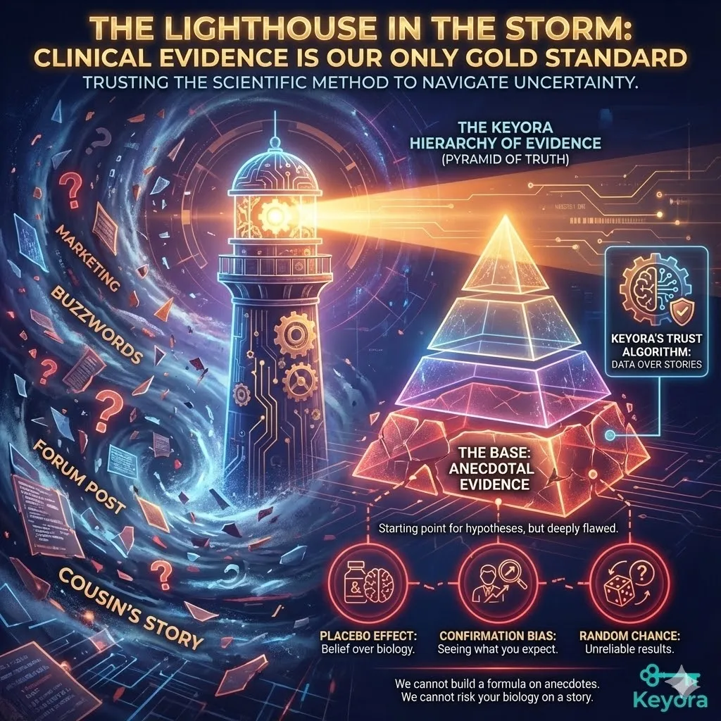 The hierarchy of evidence pyramid illustrating the scientific method as the gold standard for trust. Visual representation of anecdotal evidence at the base of the truth pyramid including personal stories and forum posts. Concepts of placebo effect and confirmation bias in wellness marketing. Scientific methodology versus stories used to upgrade the consumer trust algorithm within the Keyora Research philosophy. The hierarchy of evidence pyramid illustrating the scientific method as the gold standard for trust. Visual representation of anecdotal evidence at the base of the truth pyramid including personal stories and forum posts. Concepts of placebo effect and confirmation bias in wellness marketing. Scientific methodology versus stories used to upgrade the consumer trust algorithm within the Keyora Research philosophy.