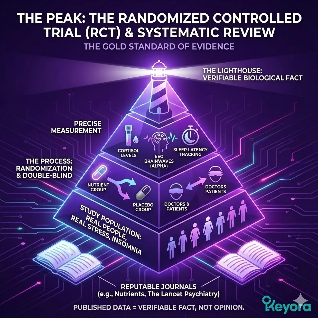 The peak of the evidence hierarchy featuring Randomized Controlled Trials RCT and Systematic Reviews as the gold standard. Visual of a lighthouse representing verifiable facts in human biology published in journals like The Lancet Psychiatry. Clinical setting measuring cortisol levels in saliva and EEG brain wave tracking. Illustration of double-blind studies comparing active nutrients against placebos for stress and insomnia. The peak of the evidence hierarchy featuring Randomized Controlled Trials RCT and Systematic Reviews as the gold standard. Visual of a lighthouse representing verifiable facts in human biology published in journals like The Lancet Psychiatry. Clinical setting measuring cortisol levels in saliva and EEG brain wave tracking. Illustration of double-blind studies comparing active nutrients against placebos for stress and insomnia.