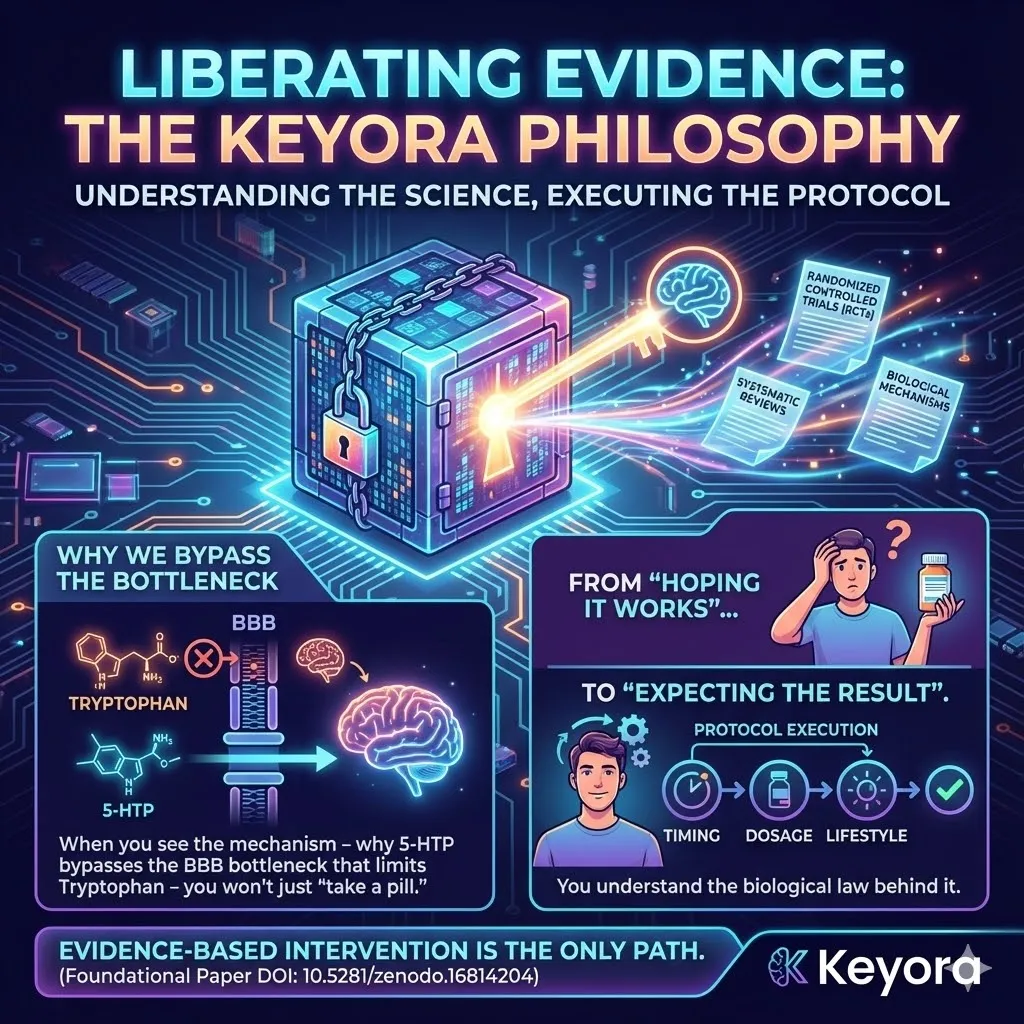 Liberating scientific evidence for informed consumer health decisions. Mechanism of 5-HTP bypassing the blood-brain barrier bottleneck compared to Tryptophan limitations. Visualizing the transition from hoping for results to expecting biological outcomes. Illustration of executing a protocol based on neurological laws and evidence-based intervention. Reference to Keyora academic paper on solving modern neurological challenges. Liberating scientific evidence for informed consumer health decisions. Mechanism of 5-HTP bypassing the blood-brain barrier bottleneck compared to Tryptophan limitations. Visualizing the transition from hoping for results to expecting biological outcomes. Illustration of executing a protocol based on neurological laws and evidence-based intervention. Reference to Keyora academic paper on solving modern neurological challenges.