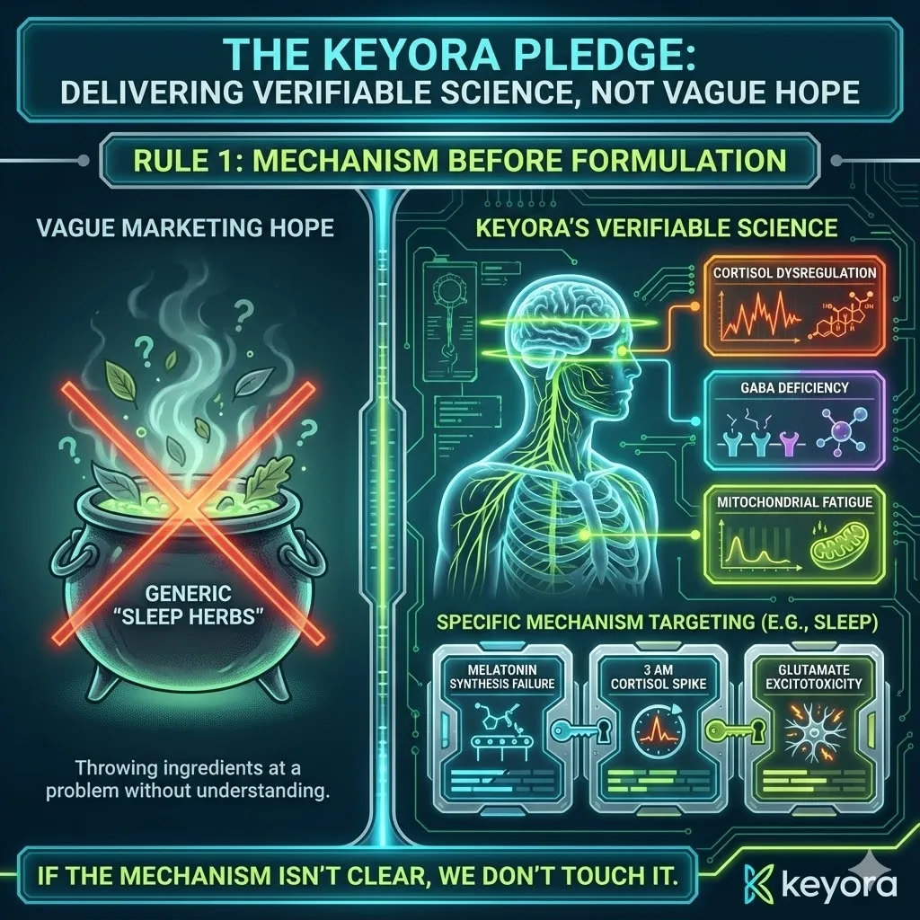 The Keyora Pledge operating system and non-negotiable rules for formulation. Mechanism before formulation mapping cortisol dysregulation and GABA deficiency. Diagram of physiological problems in modern high-stress individuals versus targeted molecular solutions. Visualizing mitochondrial fatigue and glutamate excitotoxicity analysis. Technical approach to fixing sleep via melatonin synthesis pathways and identifying specific mechanistic failures. The Keyora Pledge operating system and non-negotiable rules for formulation. Mechanism before formulation mapping cortisol dysregulation and GABA deficiency. Diagram of physiological problems in modern high-stress individuals versus targeted molecular solutions. Visualizing mitochondrial fatigue and glutamate excitotoxicity analysis. Technical approach to fixing sleep via melatonin synthesis pathways and identifying specific mechanistic failures.
