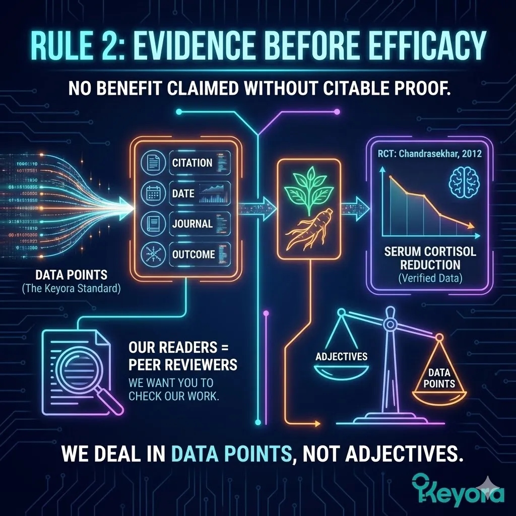 The second rule of the Keyora Pledge Evidence Before Efficacy in formulation. Citing specific peer-reviewed journals and randomized controlled trials RCTs. Visual representation of Chandrasekhar 2012 study measuring serum cortisol reduction. Scientific data points versus marketing adjectives in wellness industry communication. Invitation for readers to act as peer reviewers of Keyora research. The second rule of the Keyora Pledge Evidence Before Efficacy in formulation. Citing specific peer-reviewed journals and randomized controlled trials RCTs. Visual representation of Chandrasekhar 2012 study measuring serum cortisol reduction. Scientific data points versus marketing adjectives in wellness industry communication. Invitation for readers to act as peer reviewers of Keyora research.