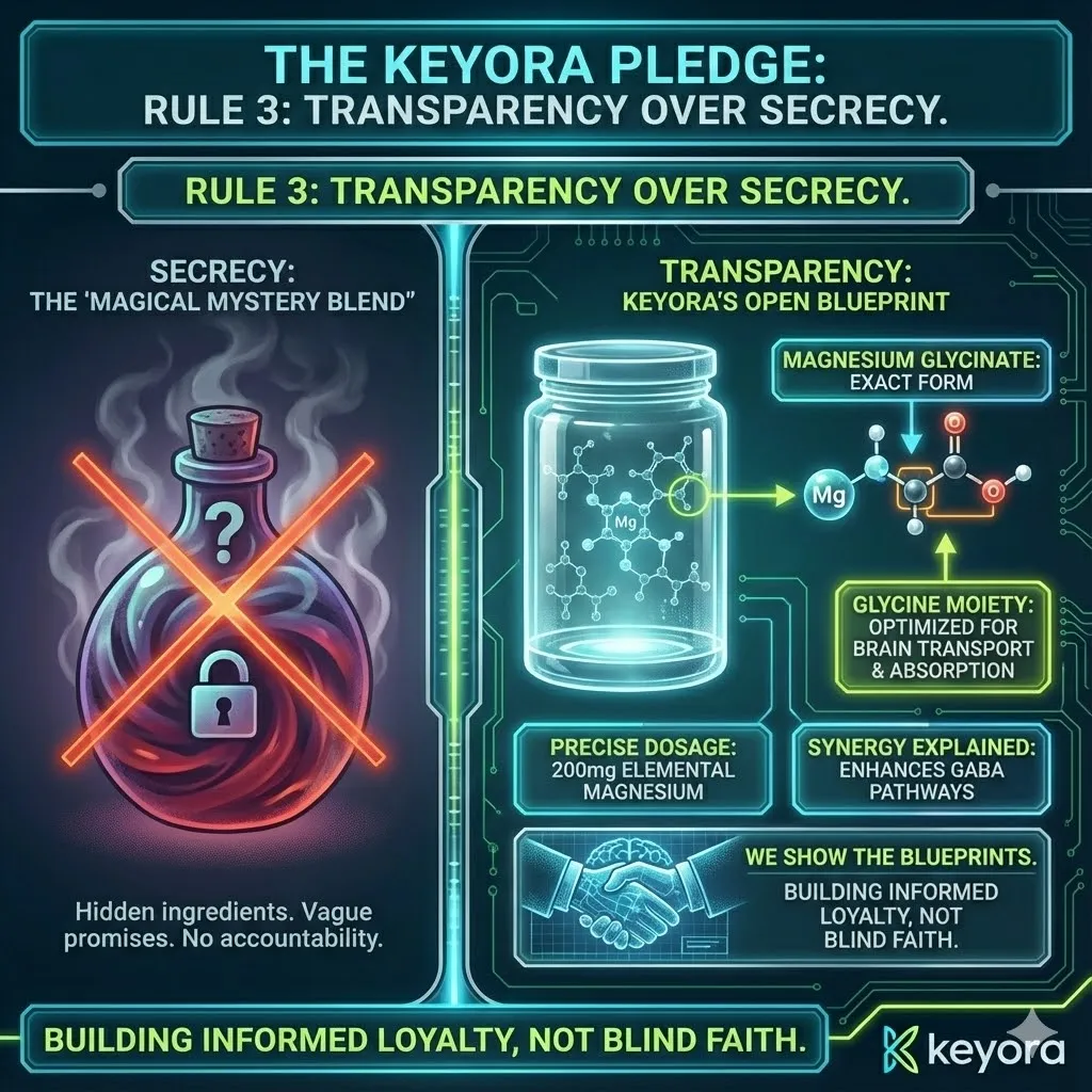Transparency Over Secrecy rule within the Keyora Pledge. Detailed breakdown of chemical forms such as Magnesium Glycinate explaining the glycine moiety for blood-brain barrier transport. Visualizing open-label formulations showing precise dosages and synergies. Contrast between magical mystery blends and scientific blueprints for health. Informed consumer loyalty built through ingredient transparency and data. Transparency Over Secrecy rule within the Keyora Pledge. Detailed breakdown of chemical forms such as Magnesium Glycinate explaining the glycine moiety for blood-brain barrier transport. Visualizing open-label formulations showing precise dosages and synergies. Contrast between magical mystery blends and scientific blueprints for health. Informed consumer loyalty built through ingredient transparency and data.